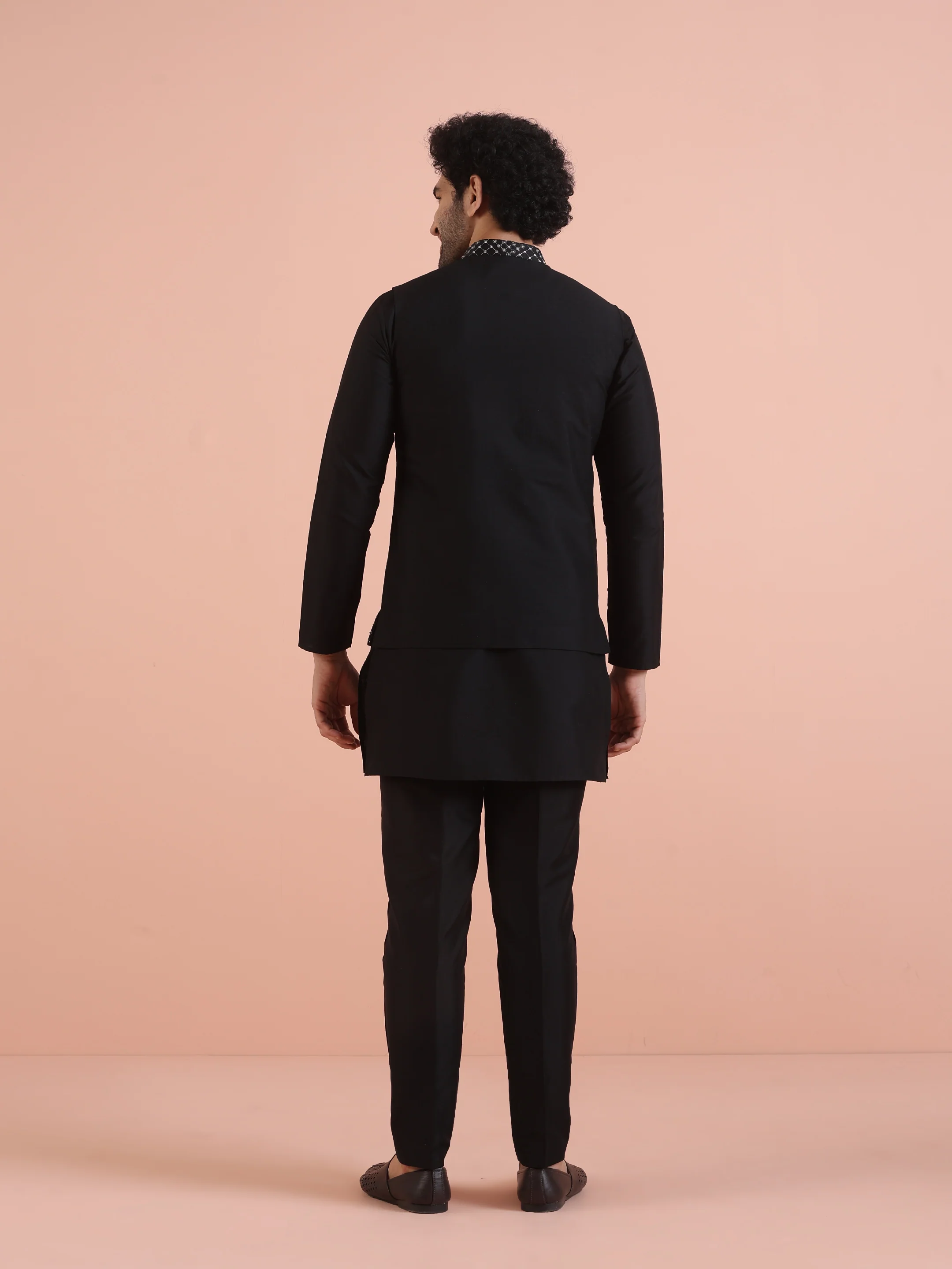 Black Embroidered Nehru Jacket Kurta Set - Image 5
