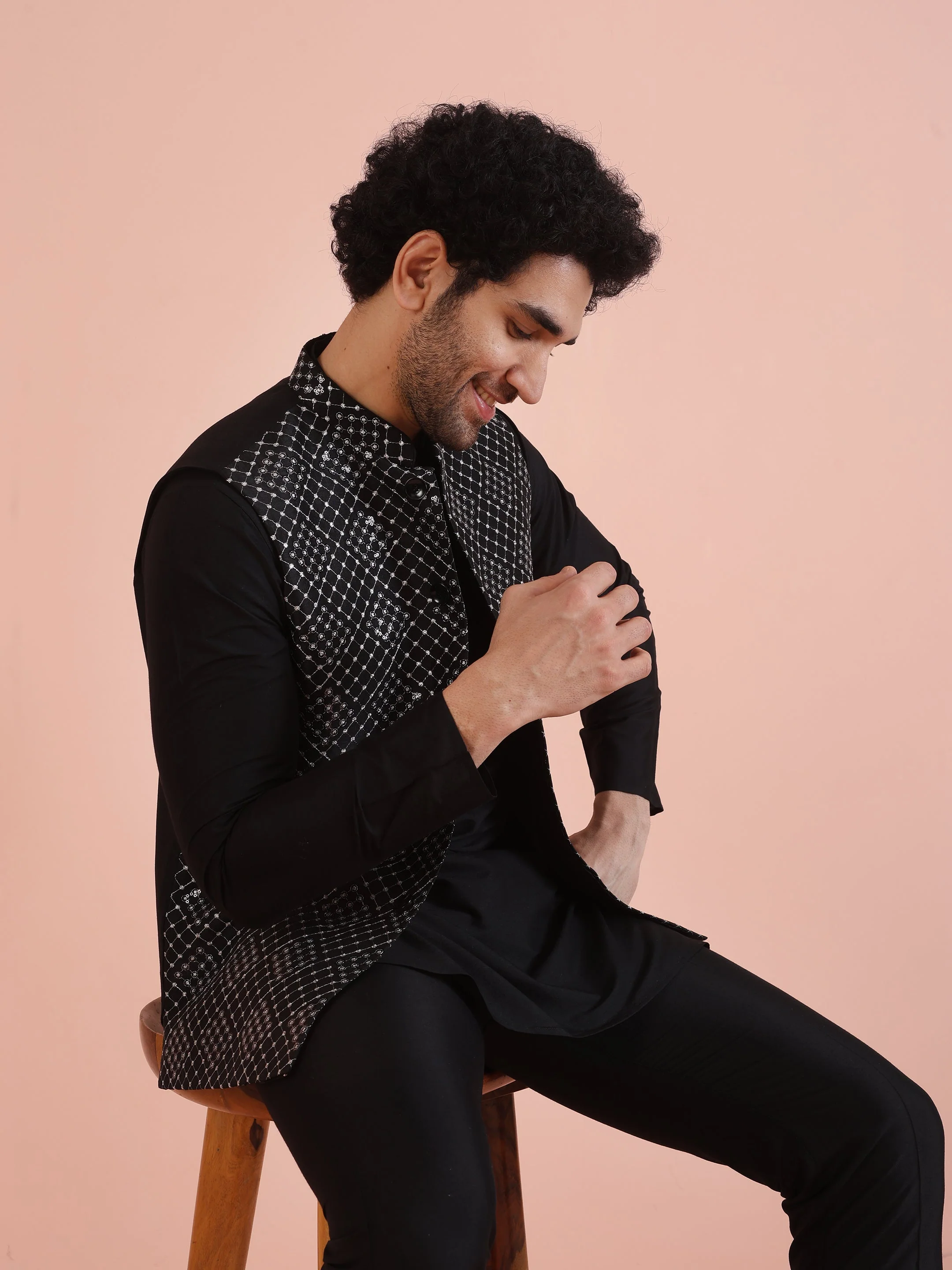 Men Black Embroidered Nehru Jacket with Thread Work - Image 7