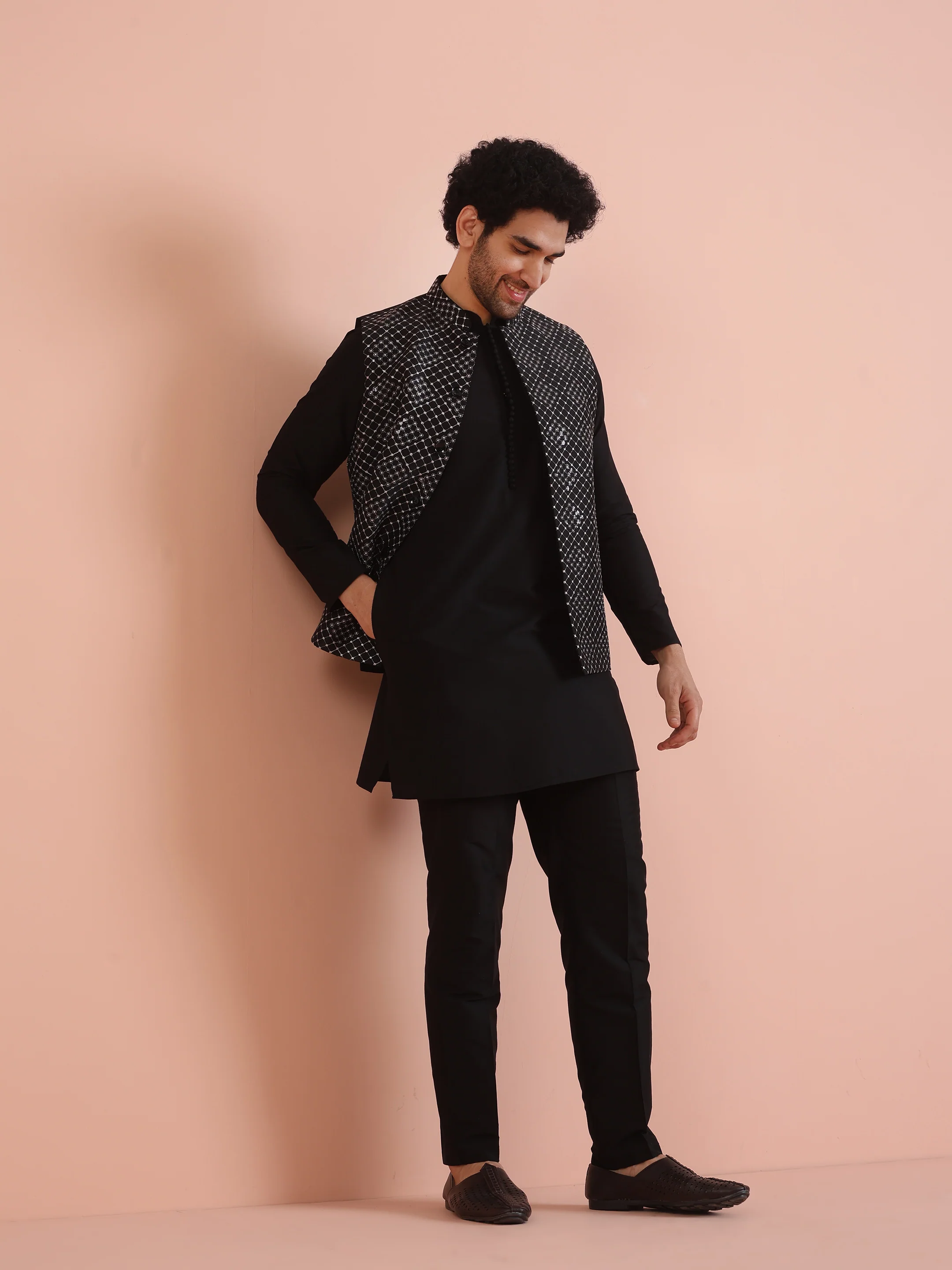 Black Embroidered Nehru Jacket Kurta Set