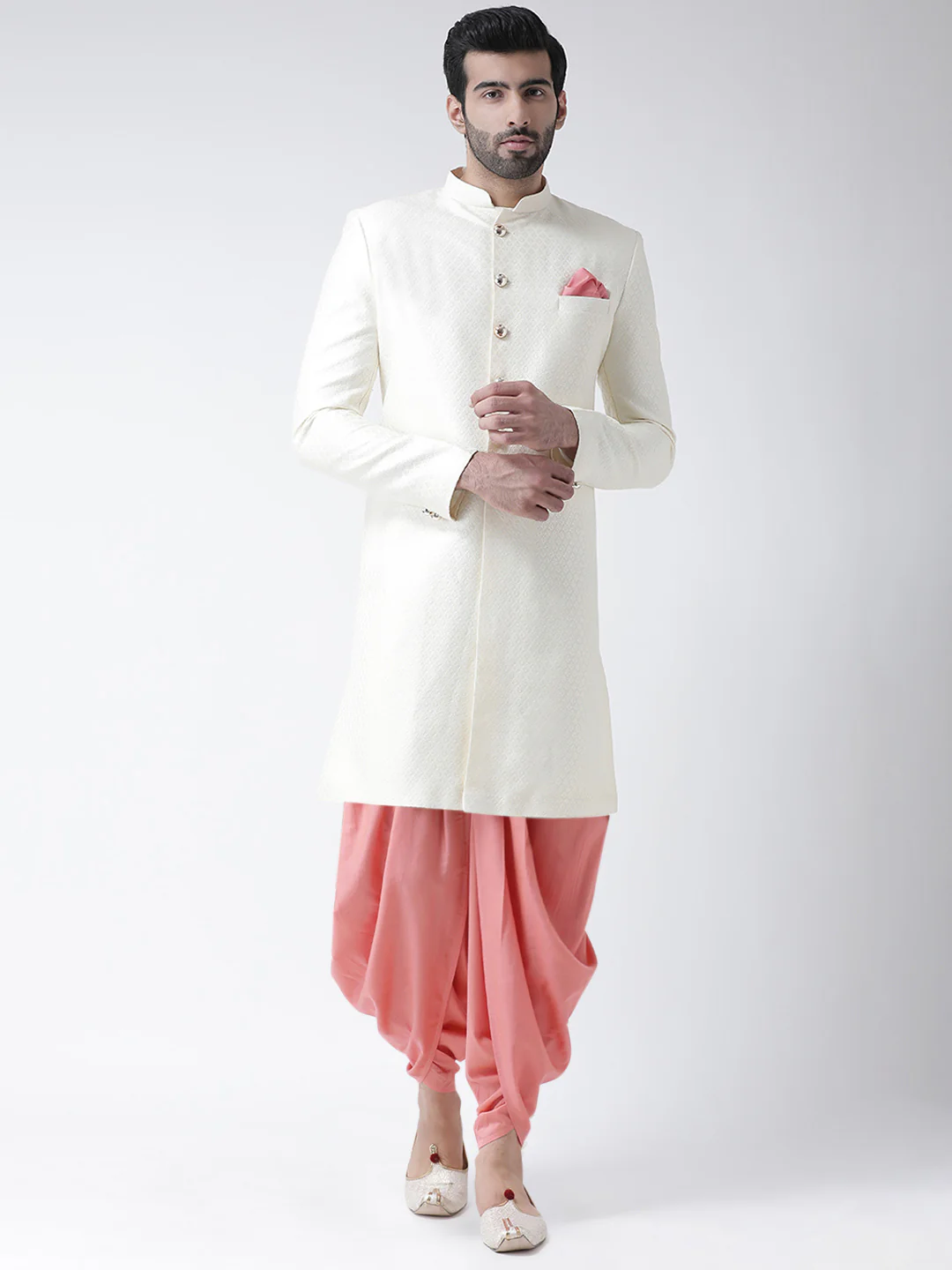 Men's White Indowestern Set With Dhoti