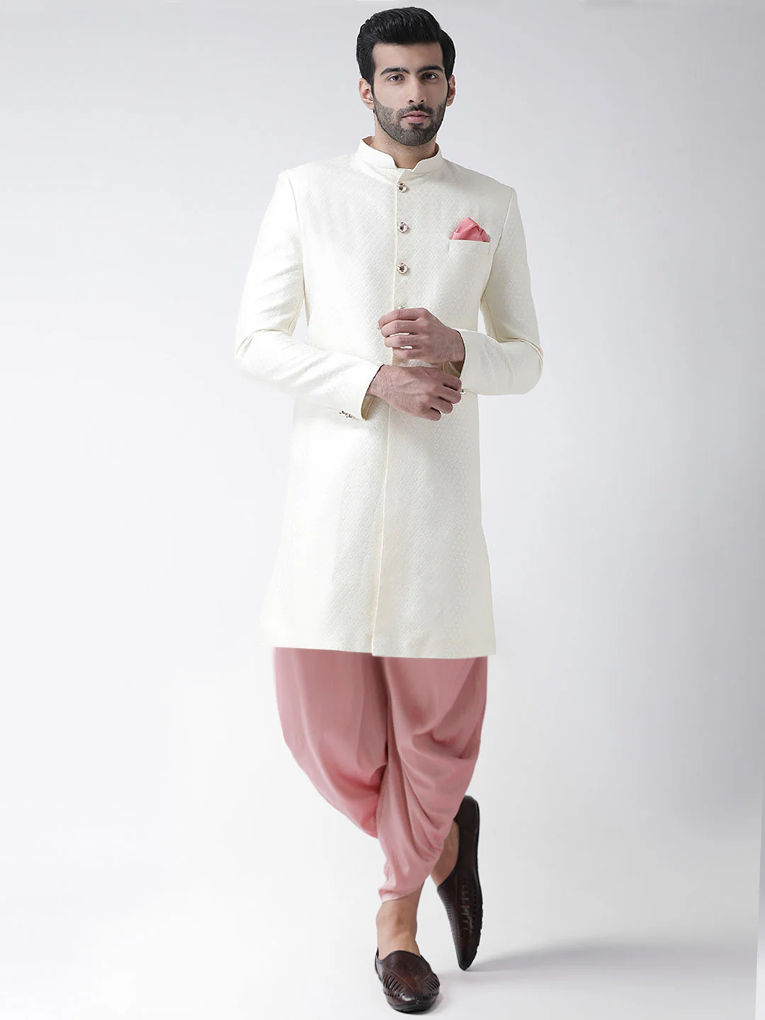 Men's White Indowestern Set With Dhoti