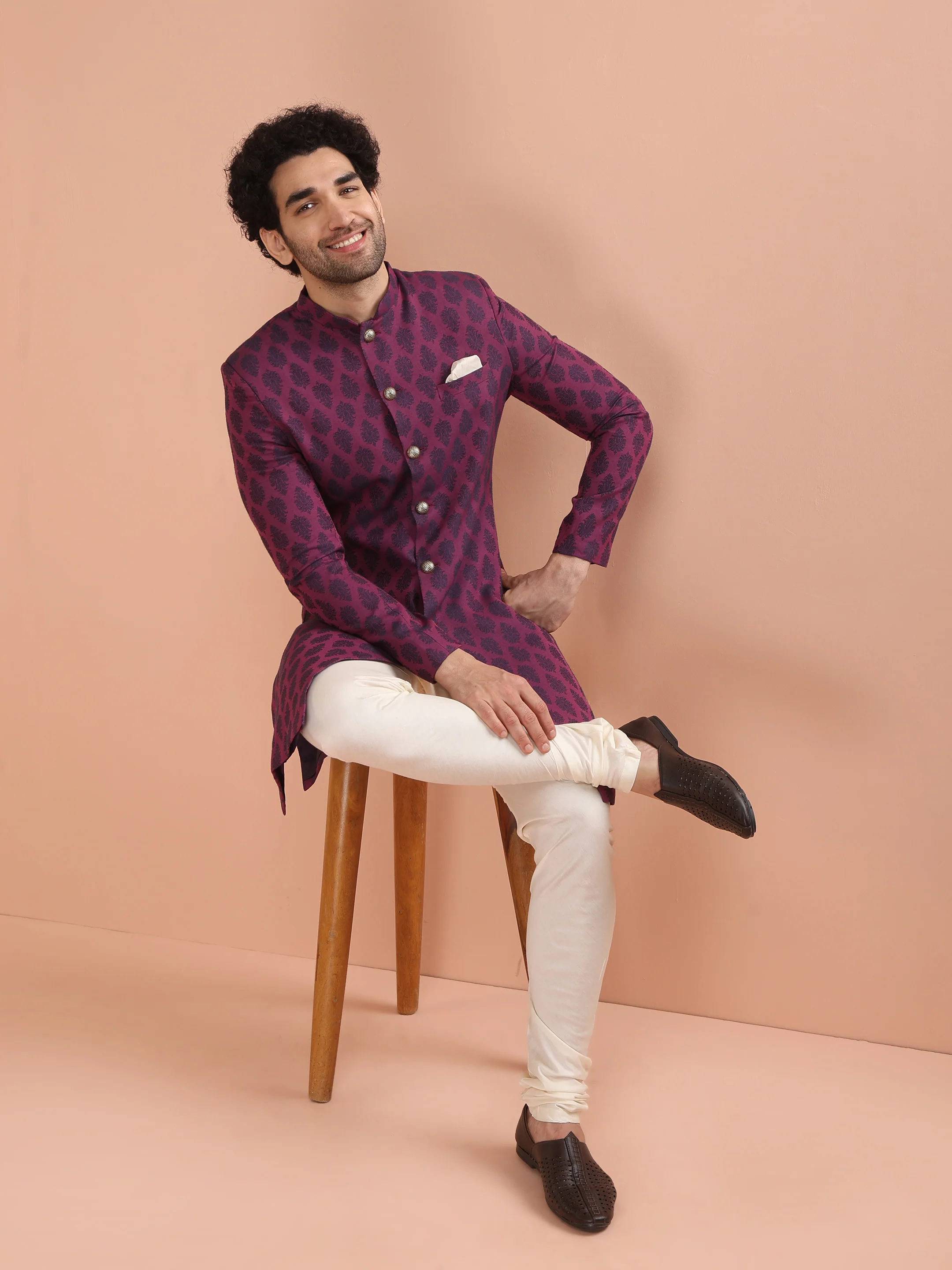 Wine Printed Sherwani Trouser Set