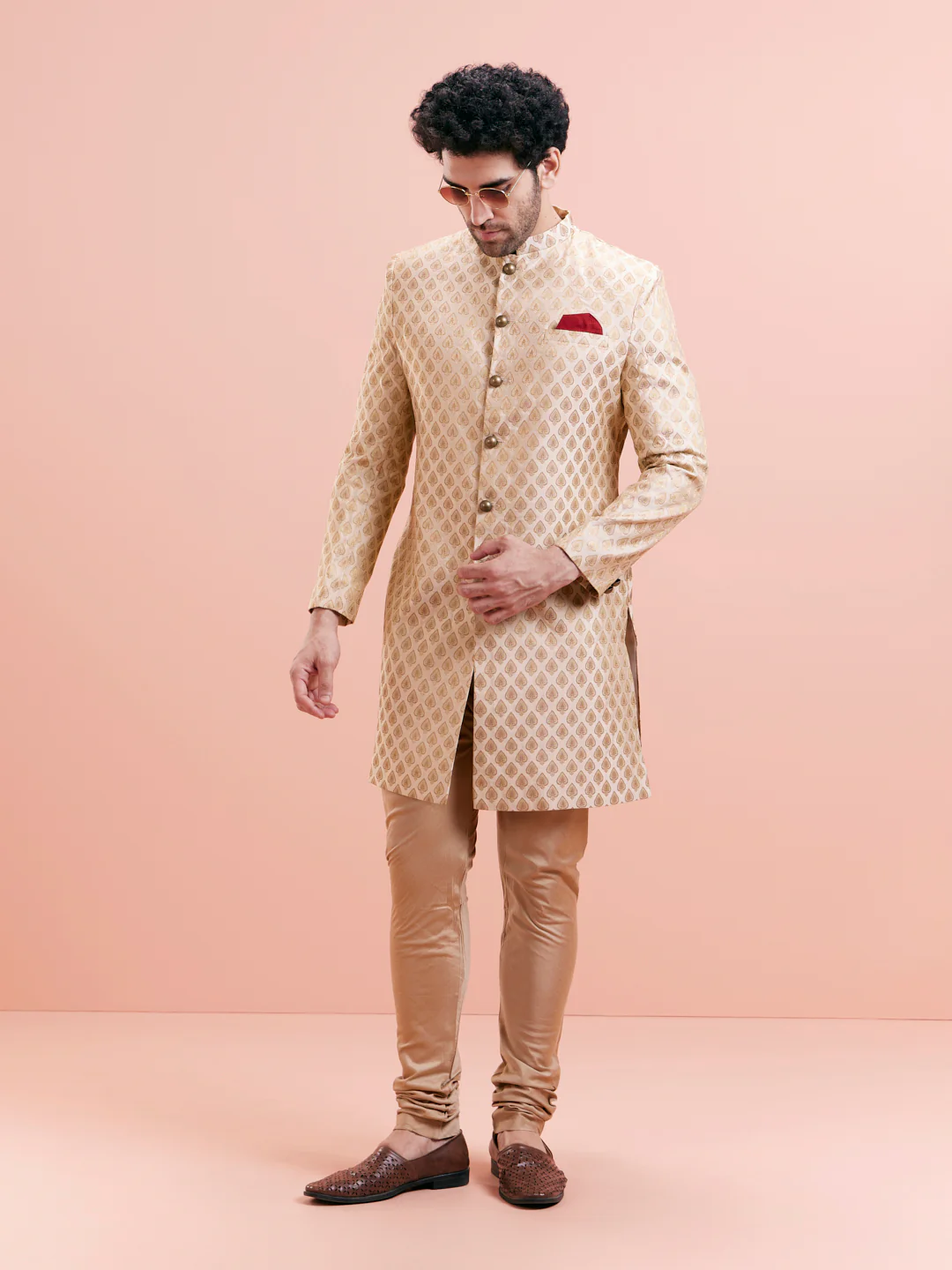 Beige Silk Blend Textured Sherwani Churidar Set