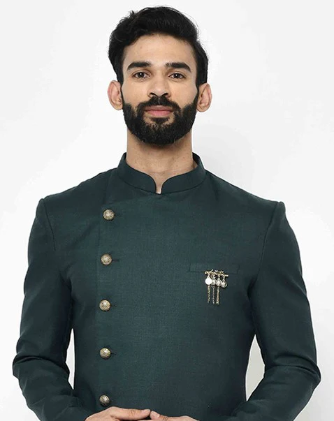 Dark Green Solid Sherwani with Golden Dhoti - Image 5