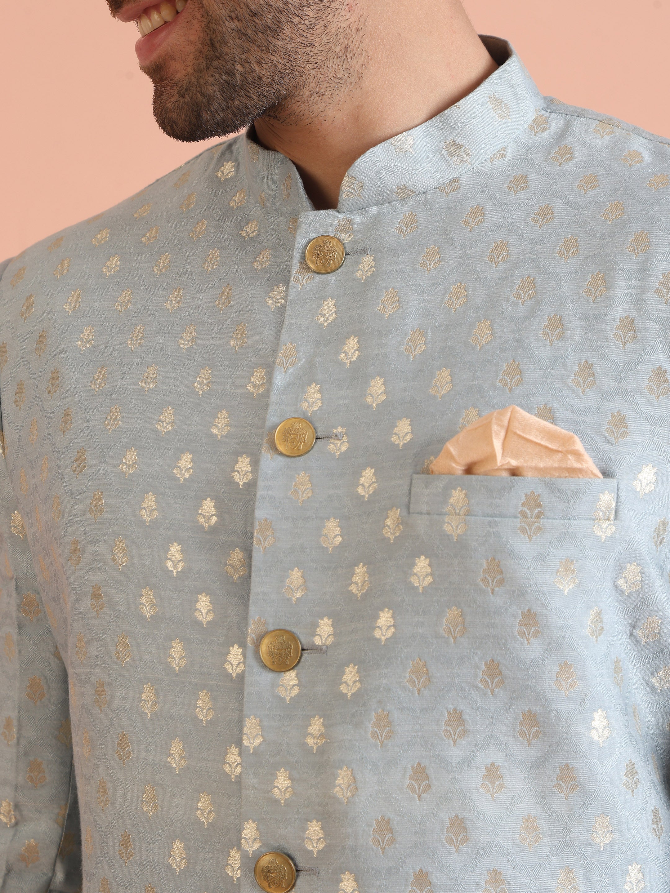 Men Blue Textured Indowestern Trouser Set - Image 4