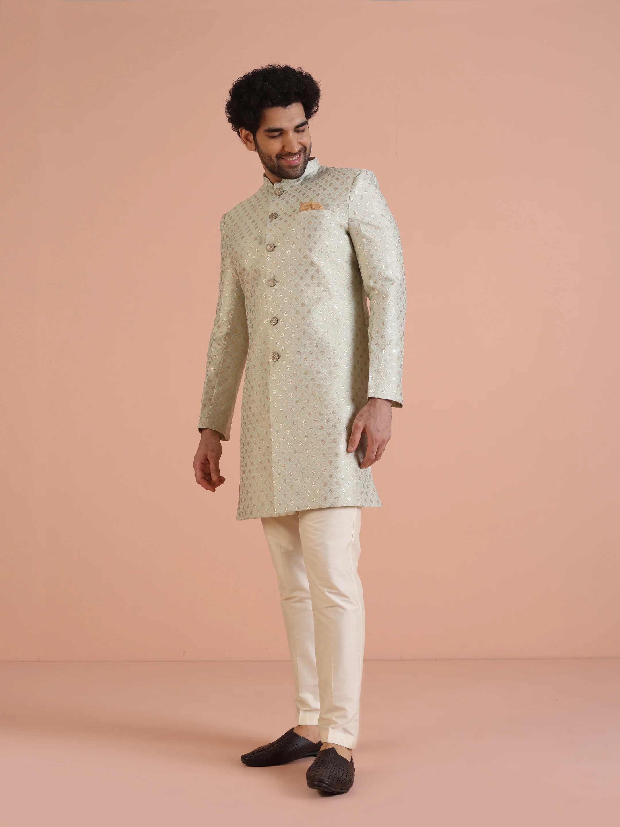 Men's Mint Green Indowestern Set With Trouser - Image 3