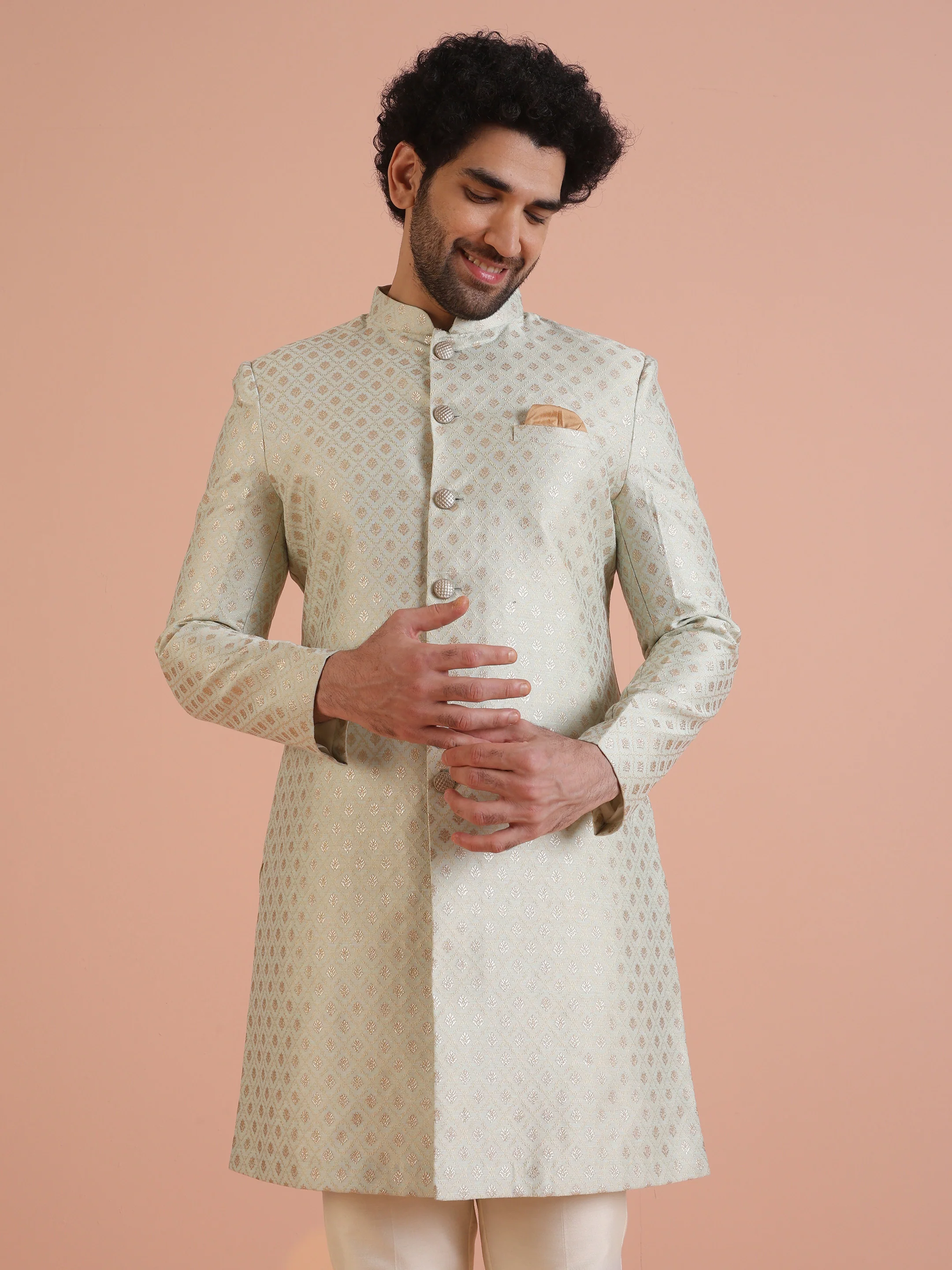 Men's Mint Green Indowestern Set With Trouser - Image 6