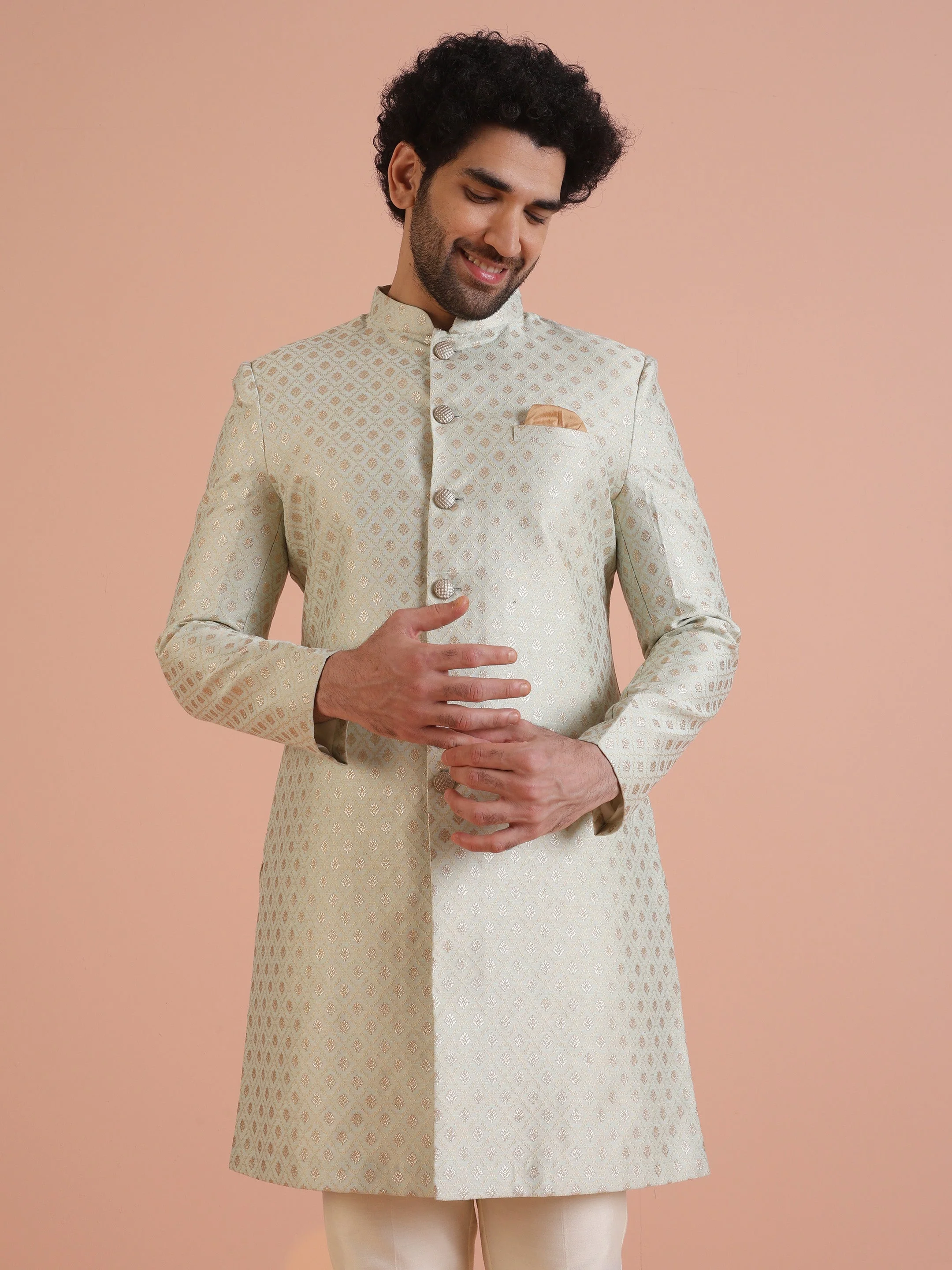 Men's Mint Green Indowestern Set With Trouser - Image 9