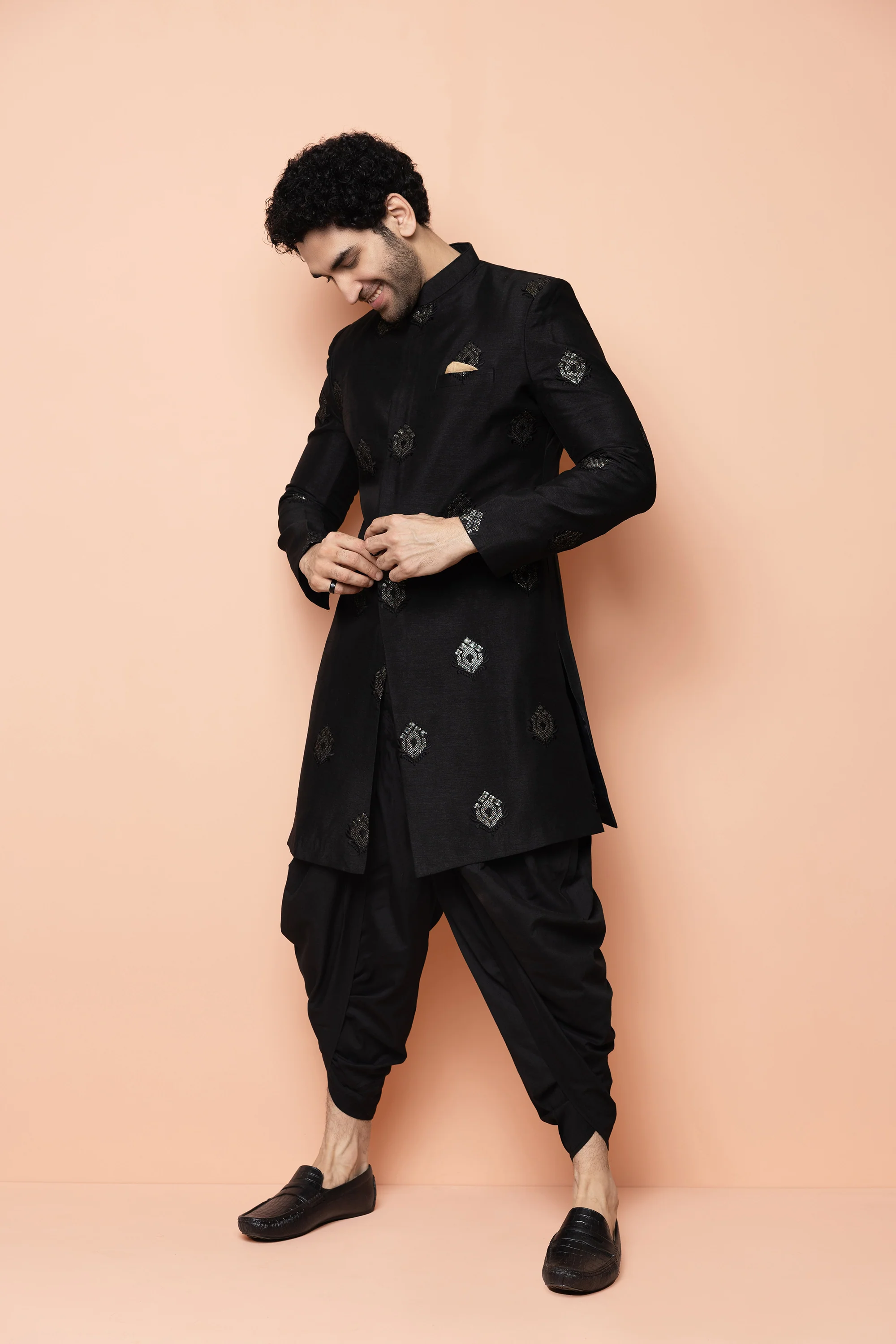 Men Black Embroidered Indowestern Dhoti Set