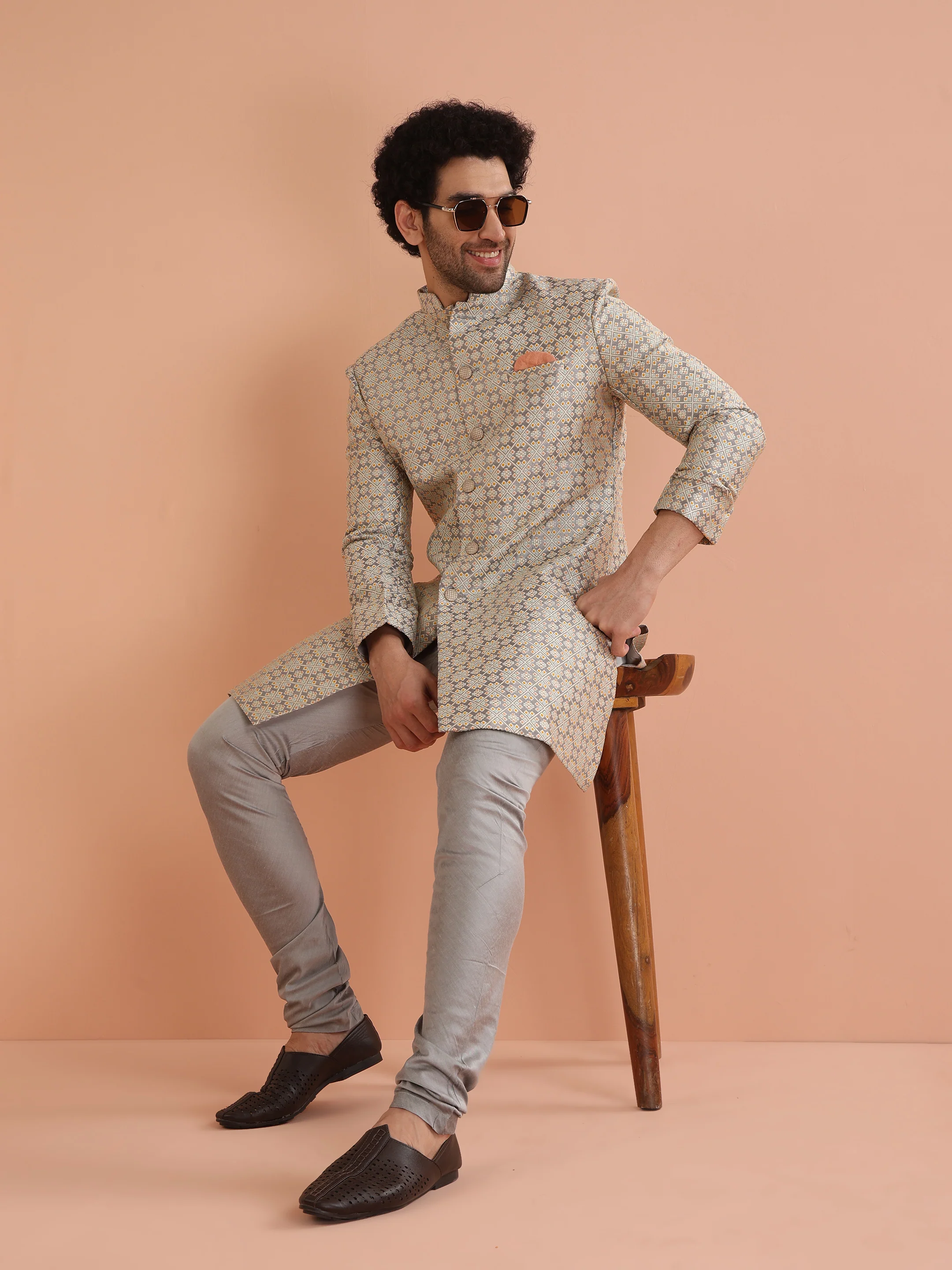 Cream Jacquard Sherwani Churidar Set