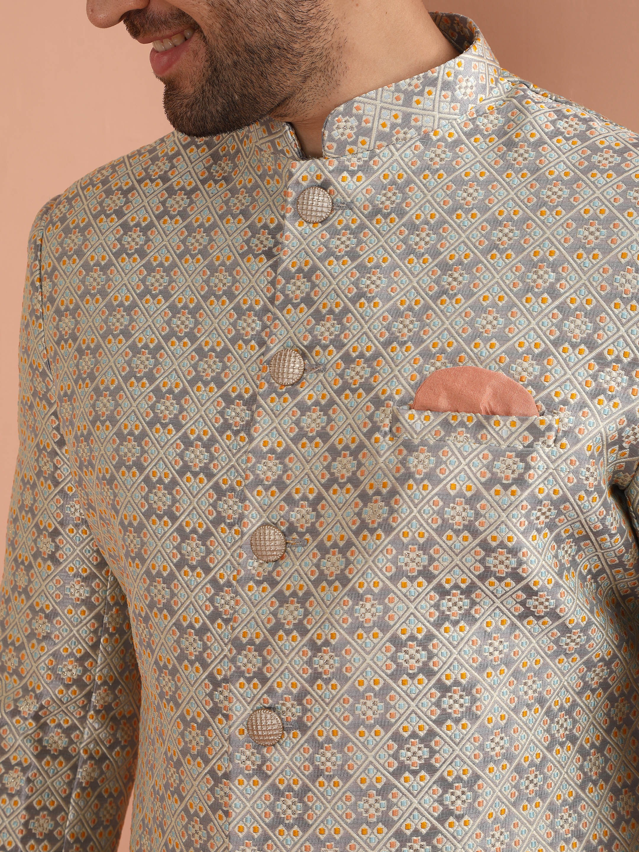 Cream Jacquard Sherwani Churidar Set - Image 5
