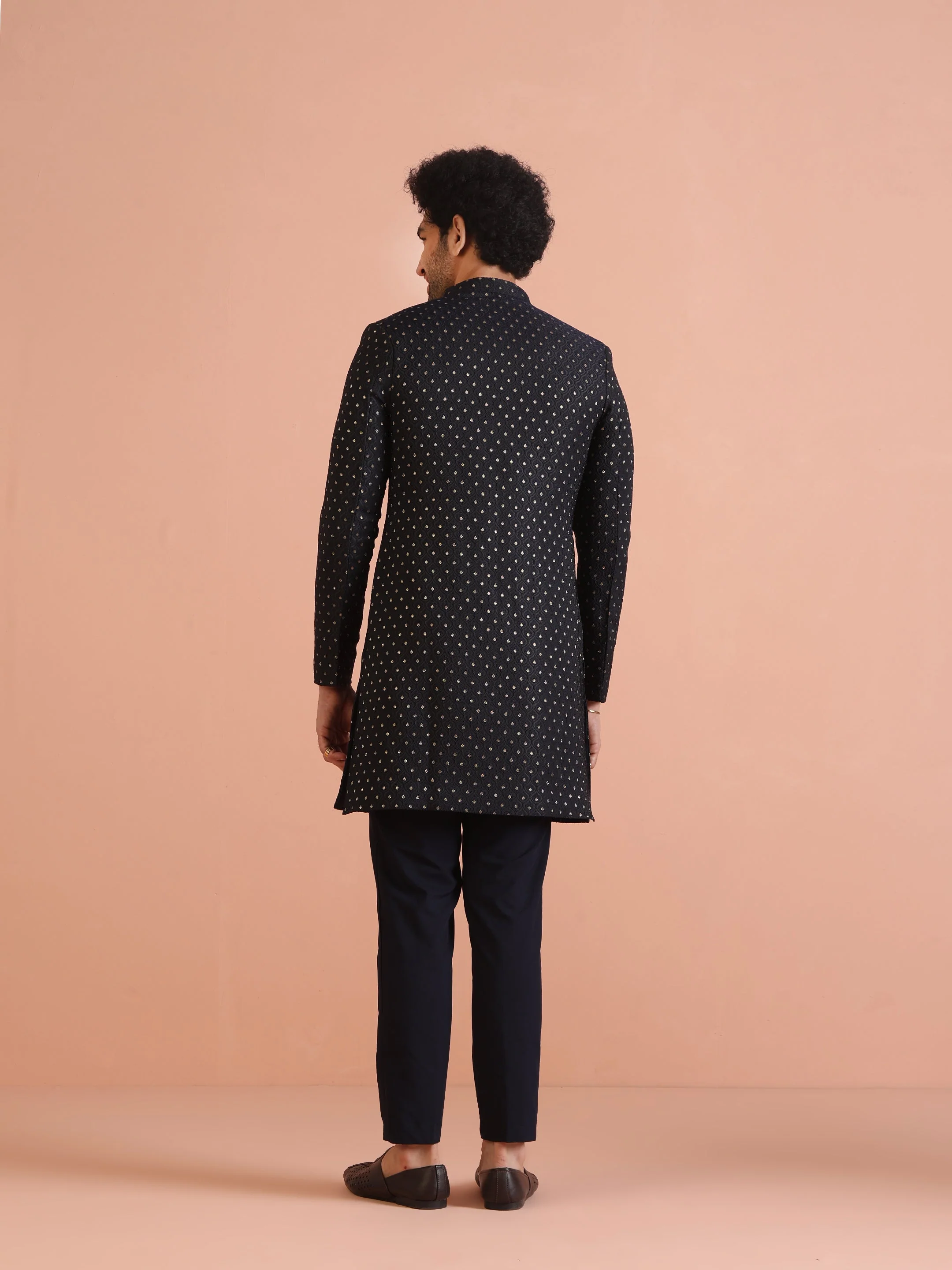 Men Navy Blue Embellished Indowestern Trouser Set - Image 12