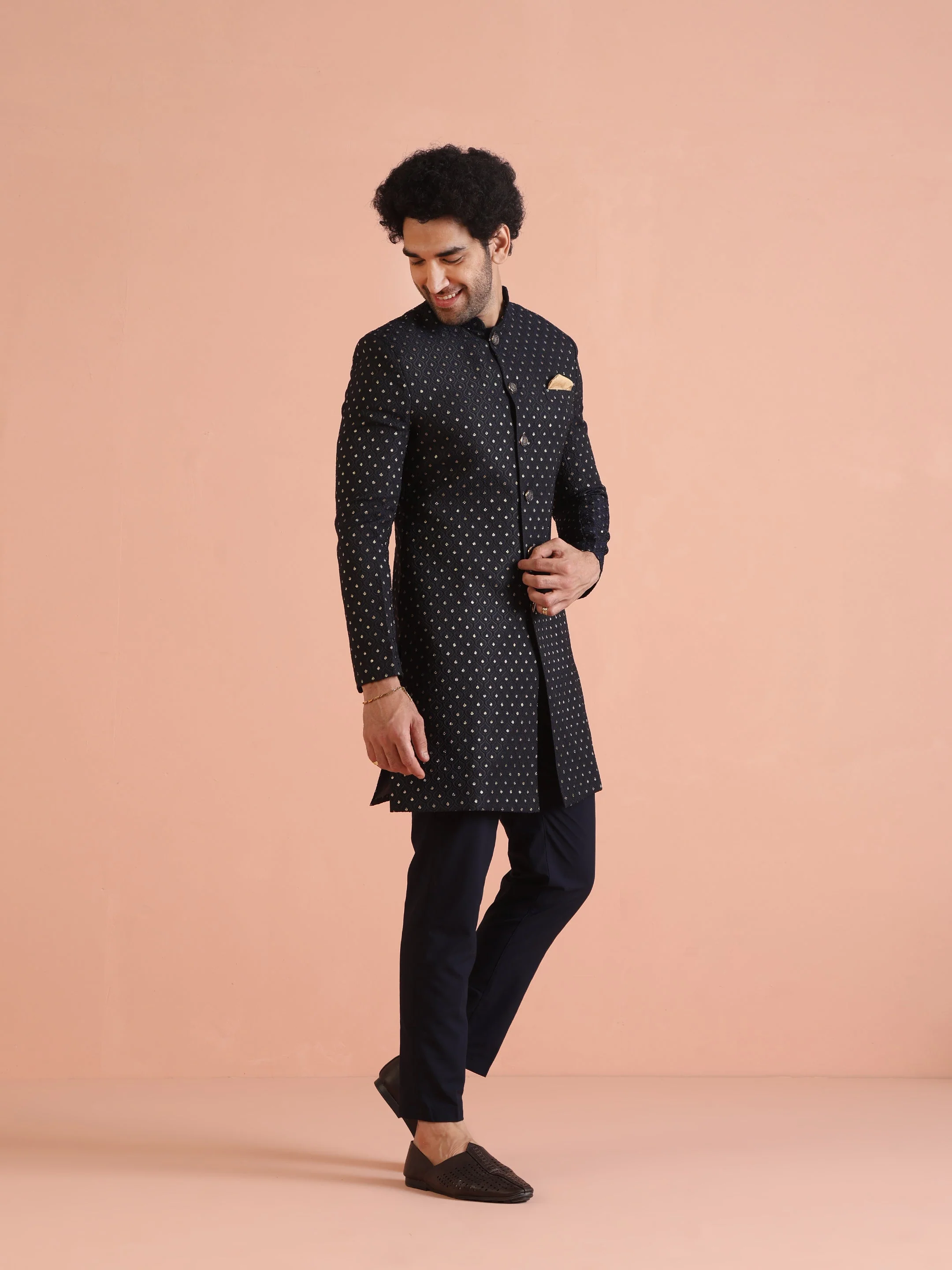 Men Navy Blue Embellished Indowestern Trouser Set - Image 18