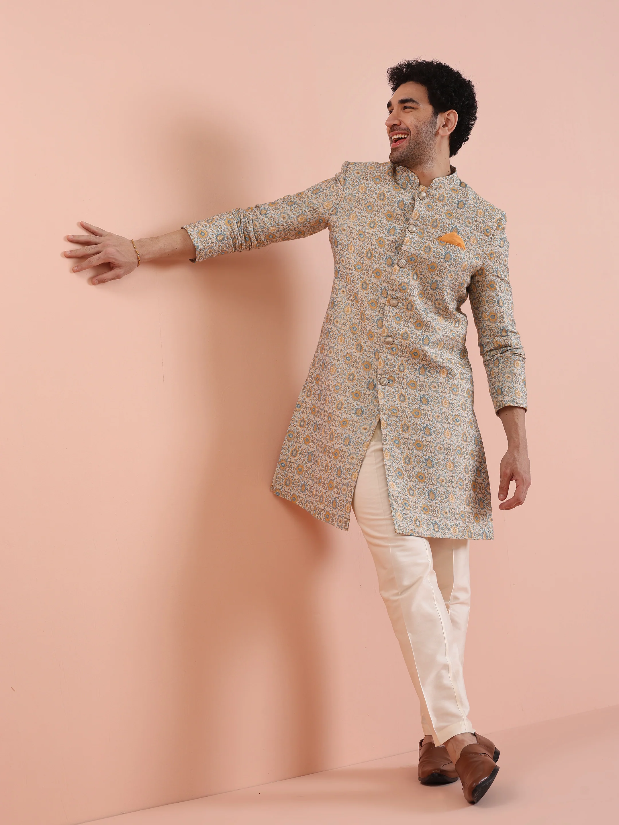 Men Multi Coloured Textured Indowestern Trouser Set