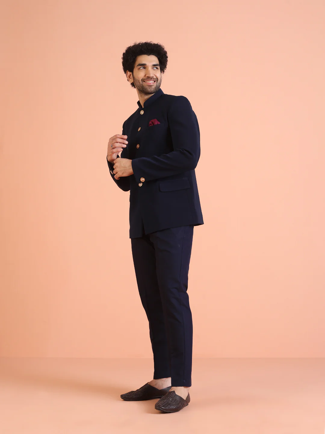 Navy Blue Solid TR Suiting Jodhpuri Bandhgala Set - Image 3