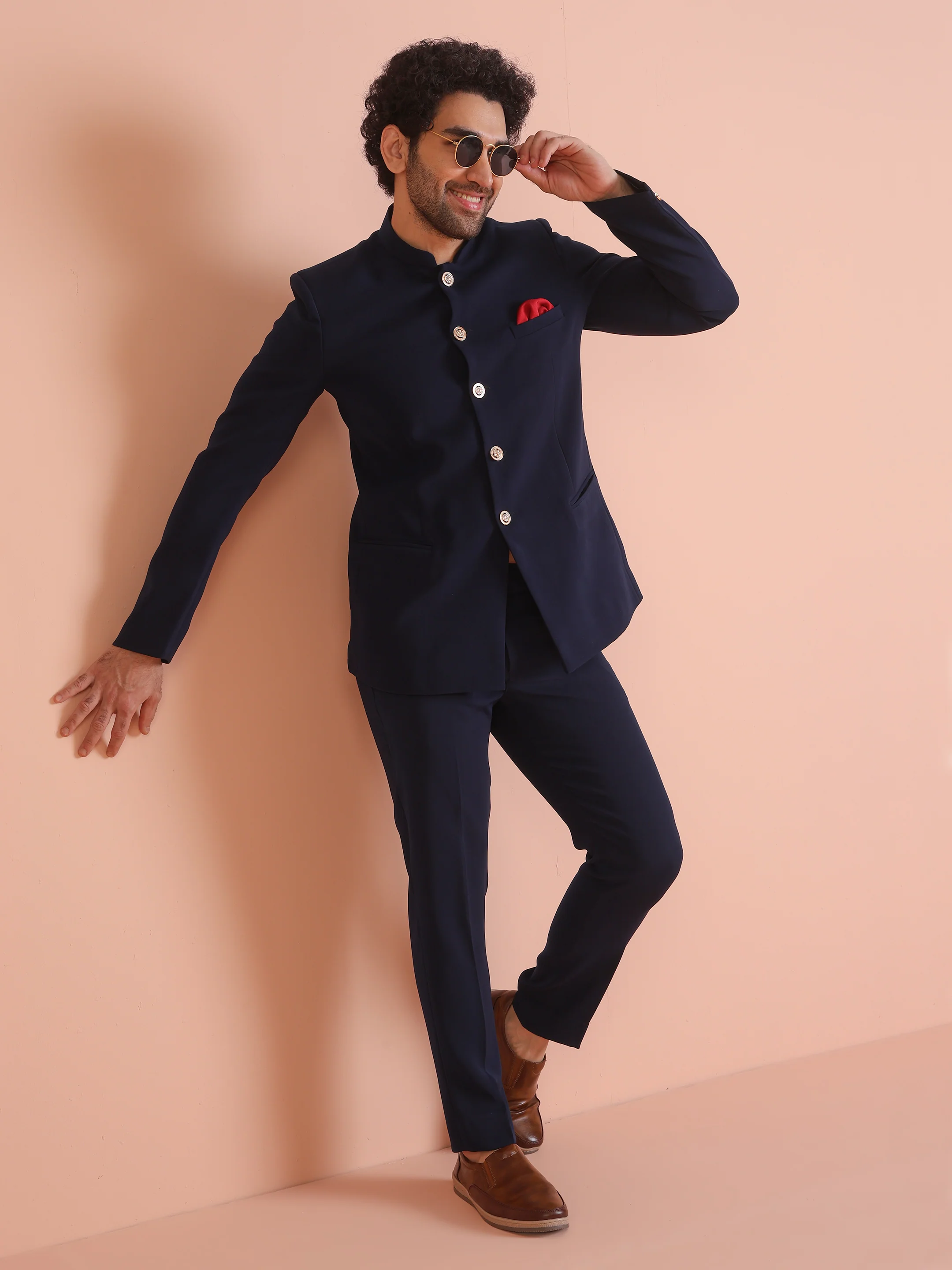 Navy Blue Bandhgala Suit Set with Red Pocket Square
