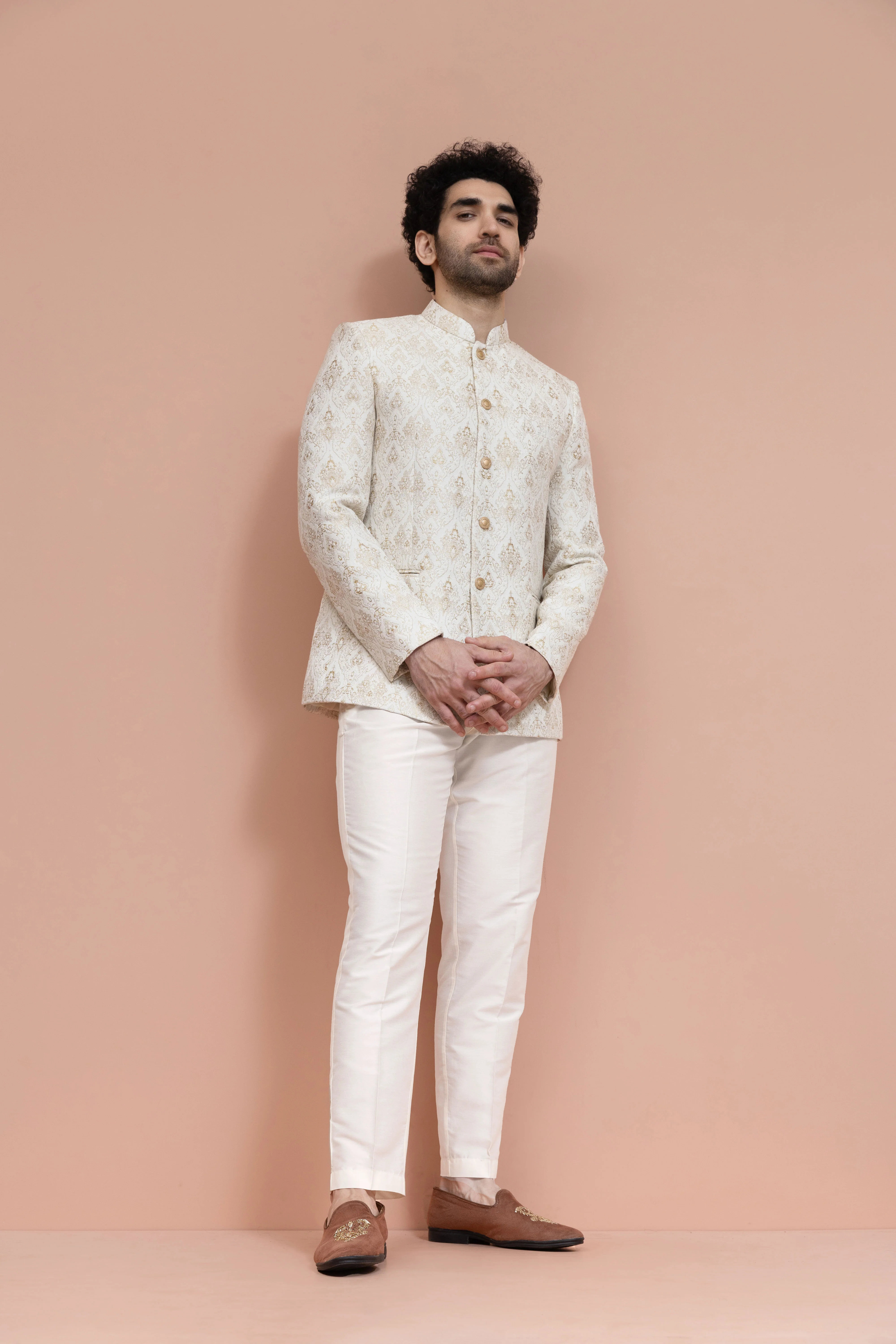 Cream Silk Blend Brocade Jodhpuri Bandhgala Set - Image 8