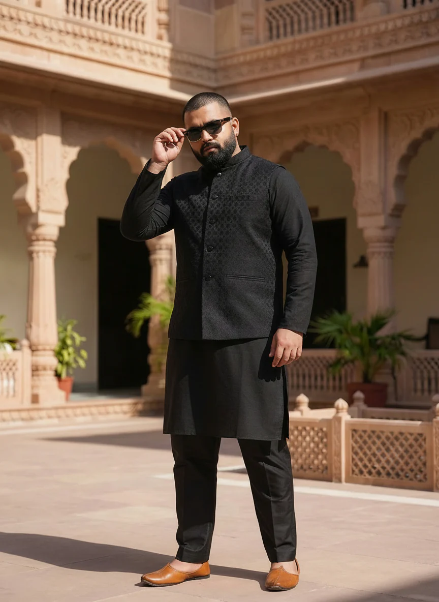 Kisah Black Silk Blend Textured Nehru Jacket