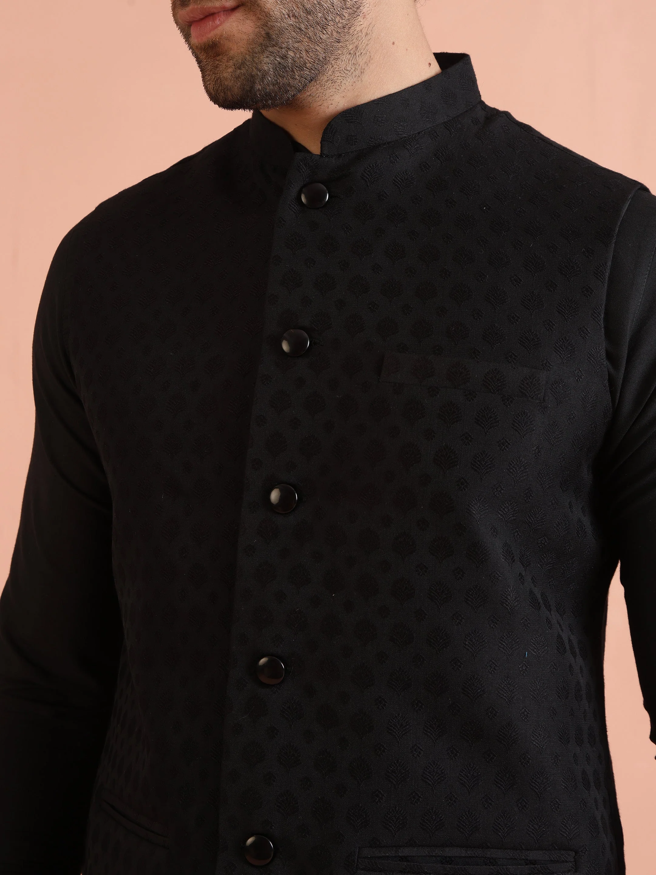 Kisah Black Silk Blend Textured Nehru Jacket - Image 7