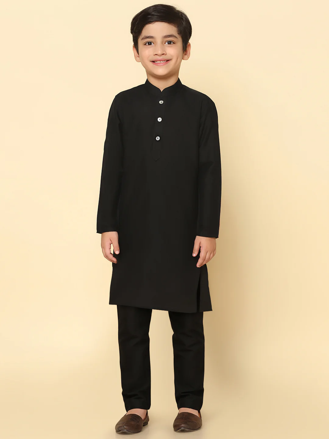 Boy's Black Solid Kurta Churidar Set