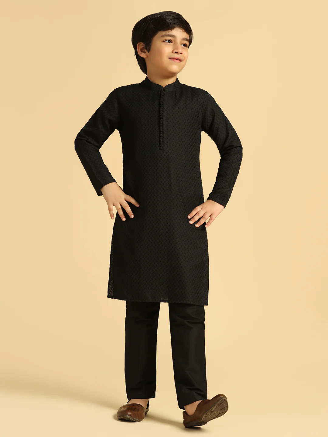 Boy's Black Self Design Kurta - Image 7