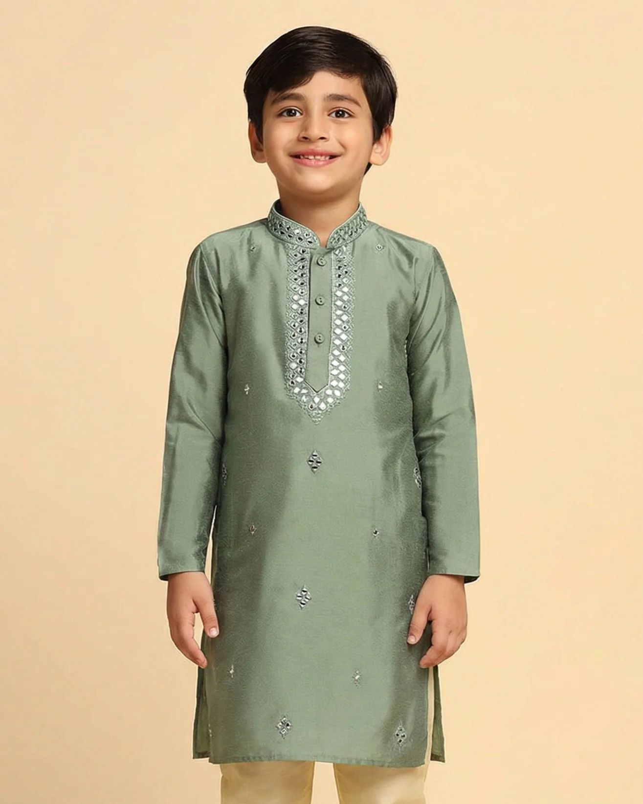 Boy's Green Self Design Kurta