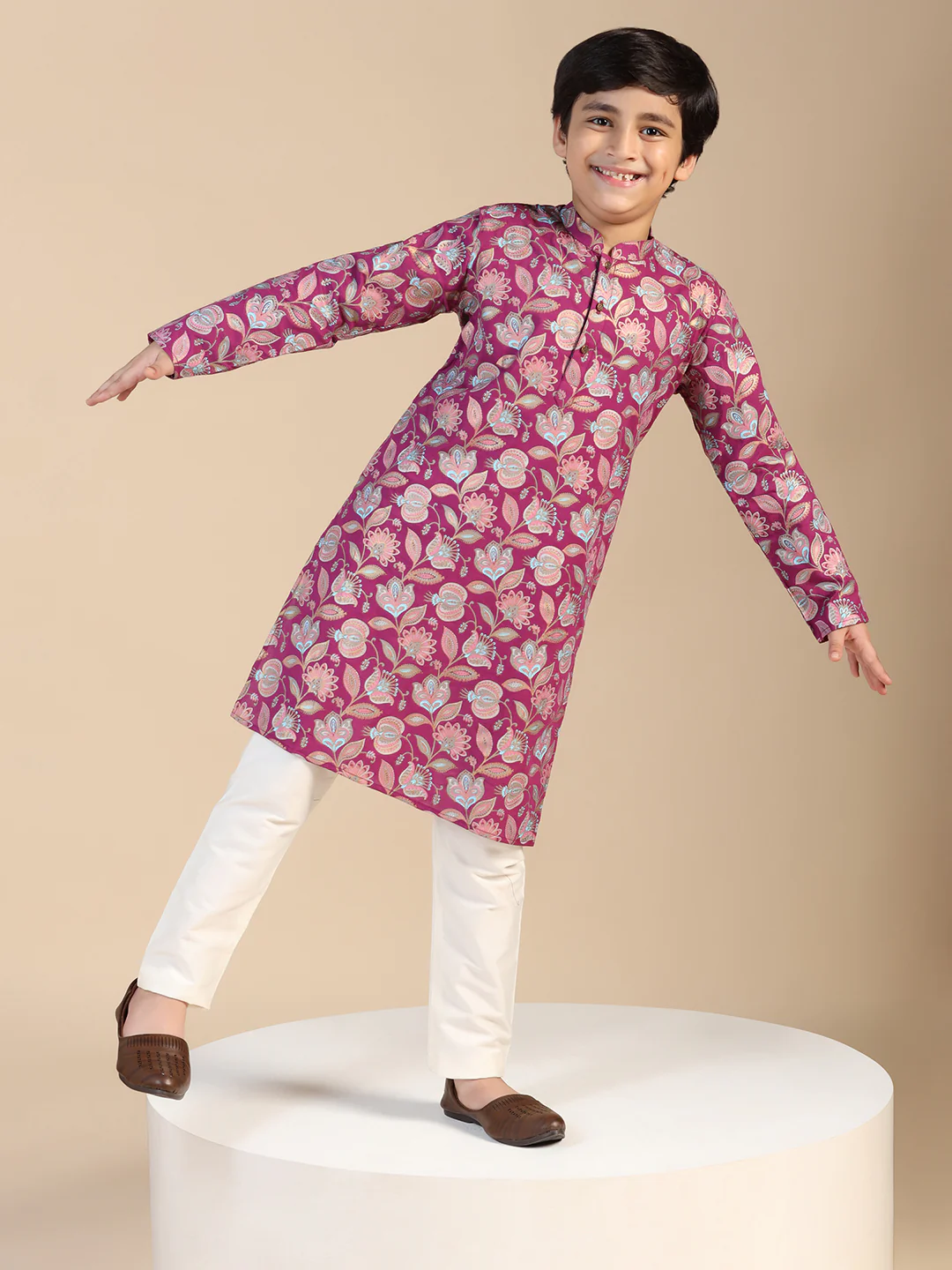 Boy's Hot Pink Floral Printed Kurta Pyjama Set