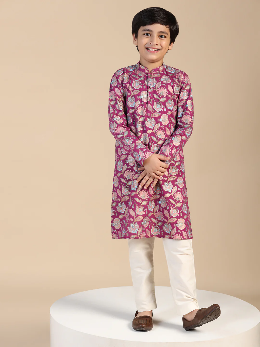 Boy's Hot Pink Floral Printed Kurta Pyjama Set - Image 7