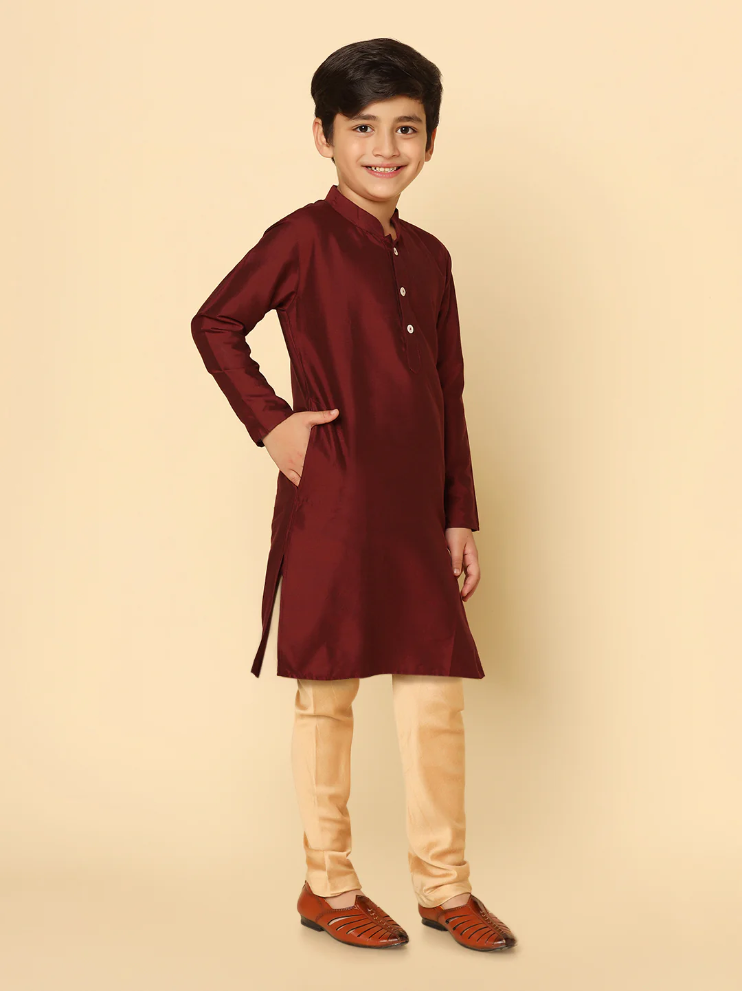 Boys Maroon Kurta Pyjama Set - Image 2
