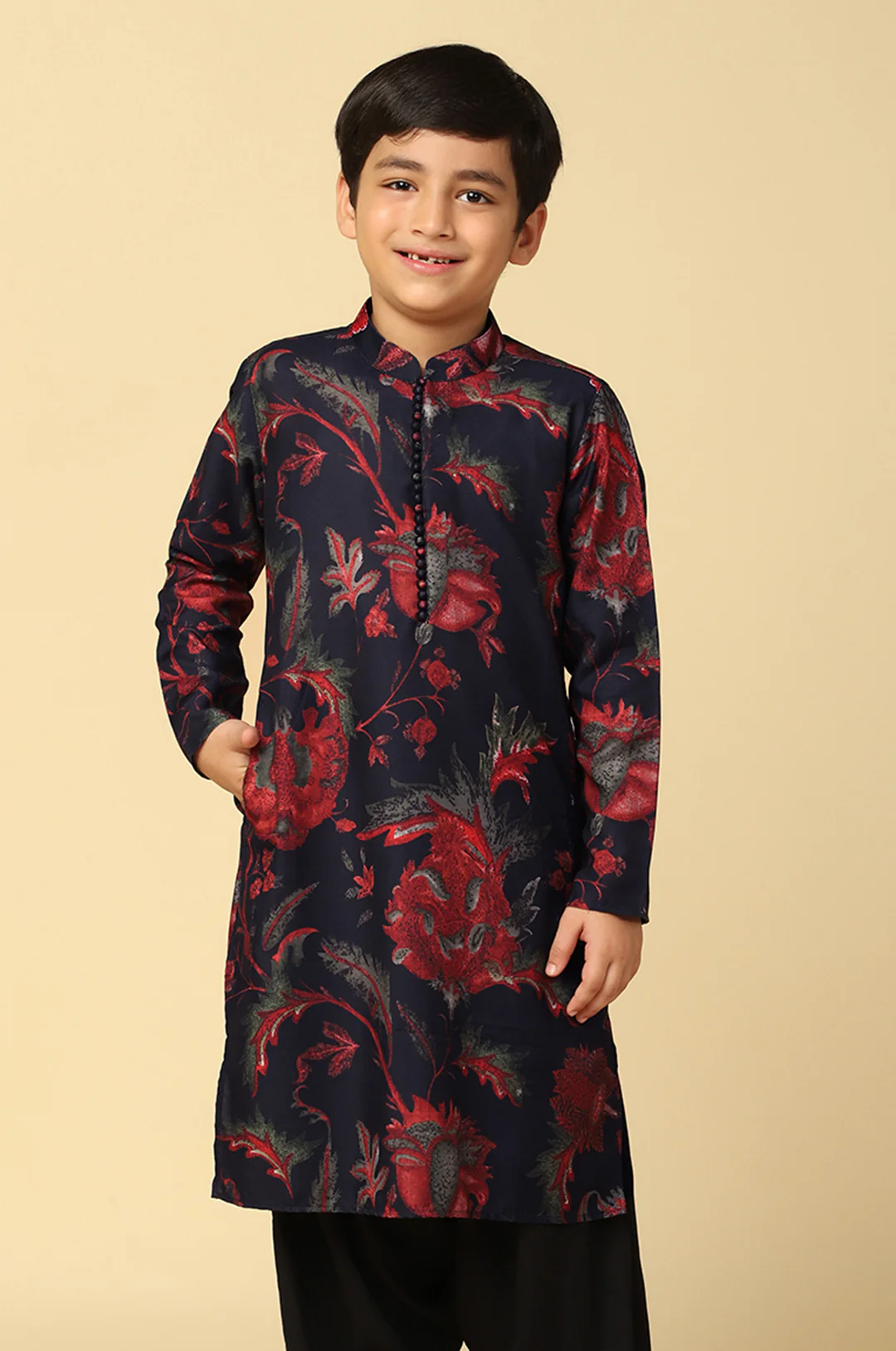 Boy's Maroon Printed Floral Kurta