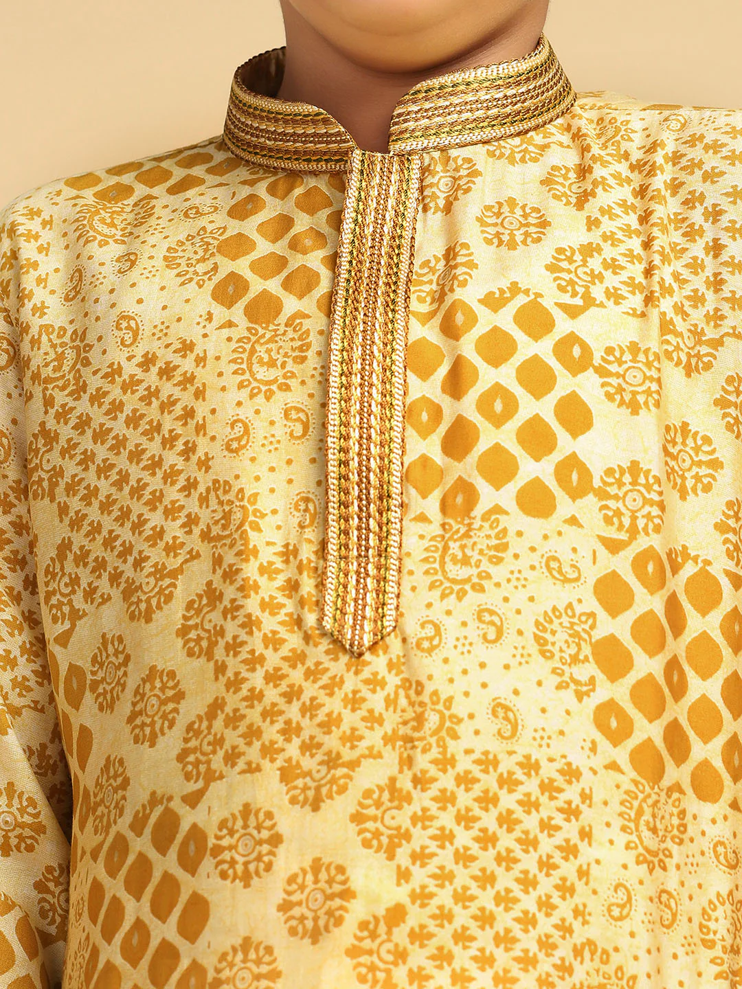 Boy's Mustard Printed Ethnic Motifs Kurta - Image 5