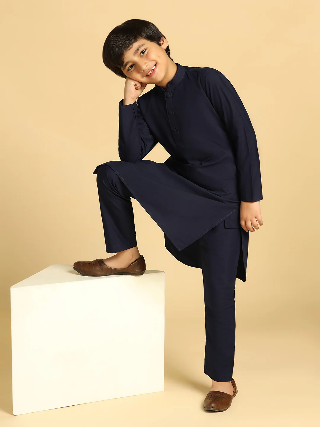 Boy's Navy Blue Solid Solid Kurta