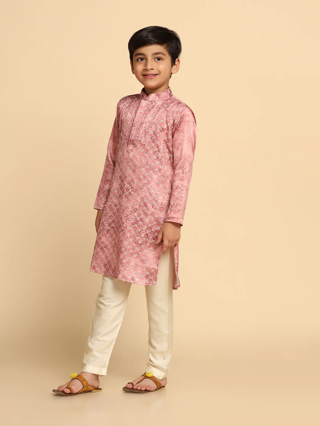 Boy's Pink Printed Kurta - Image 3
