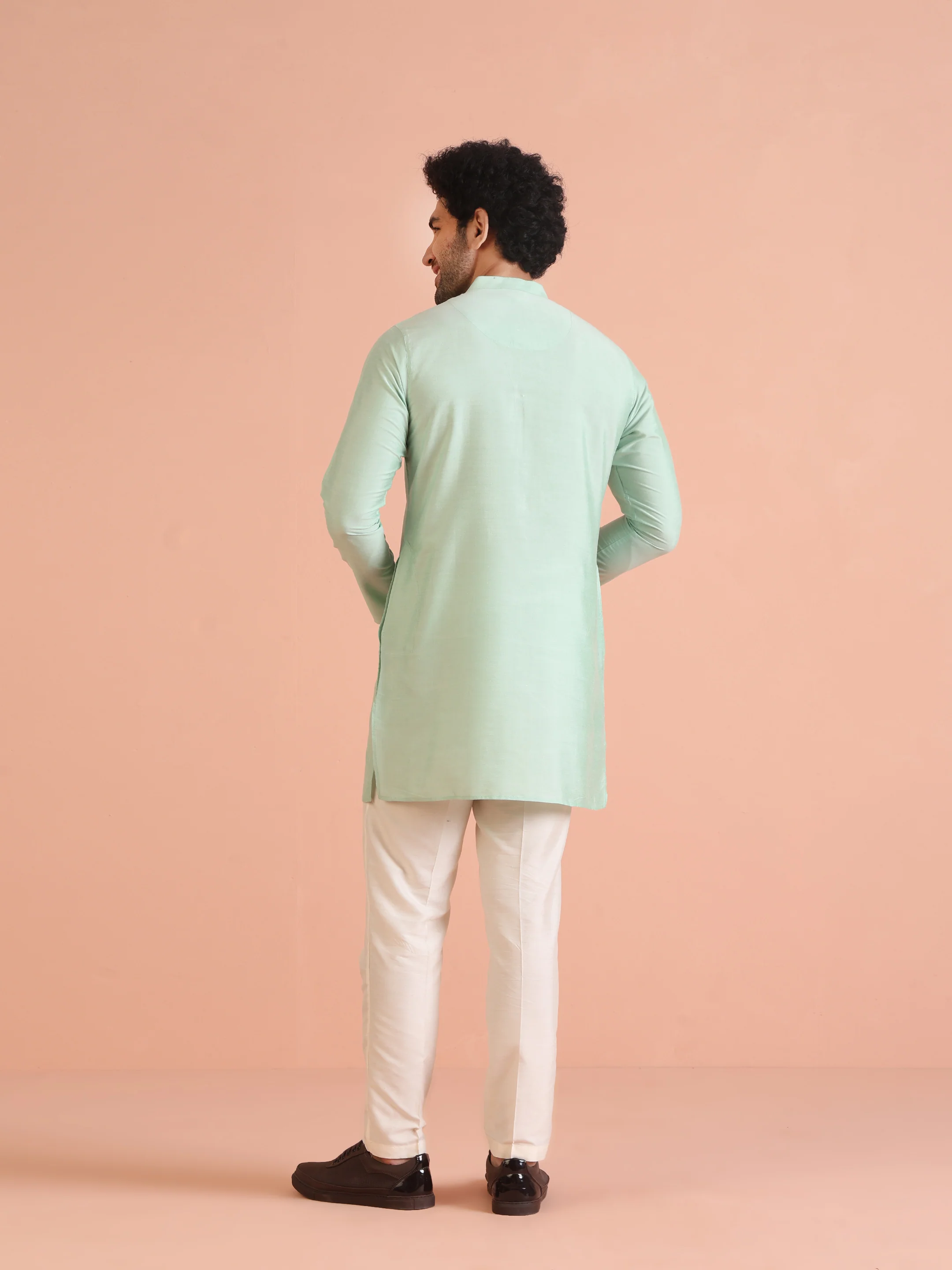 Men Aqua Green Kurta Trouser Set - Image 4