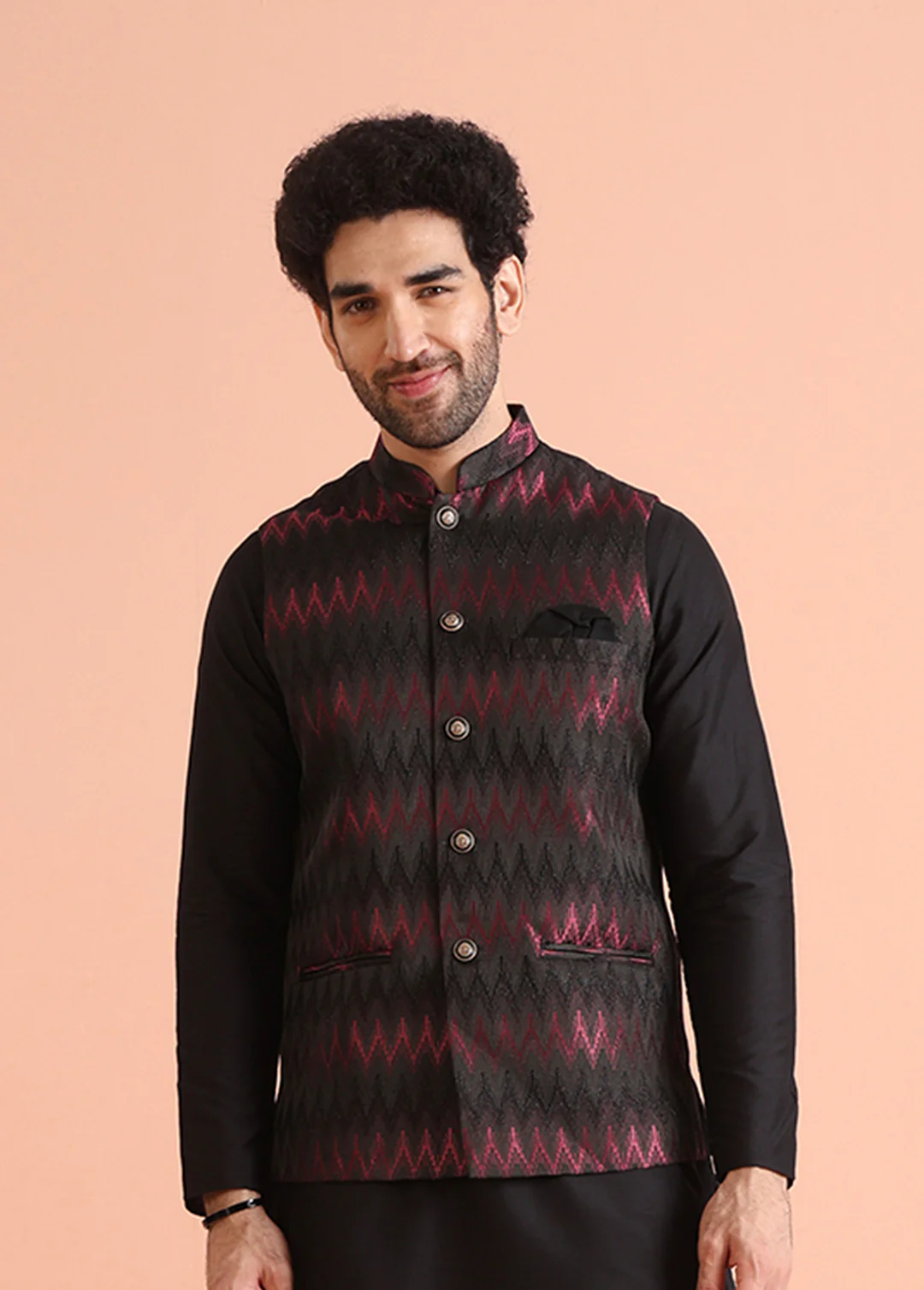 Black Wine Cotton Silk Zigzag Textured Jacket