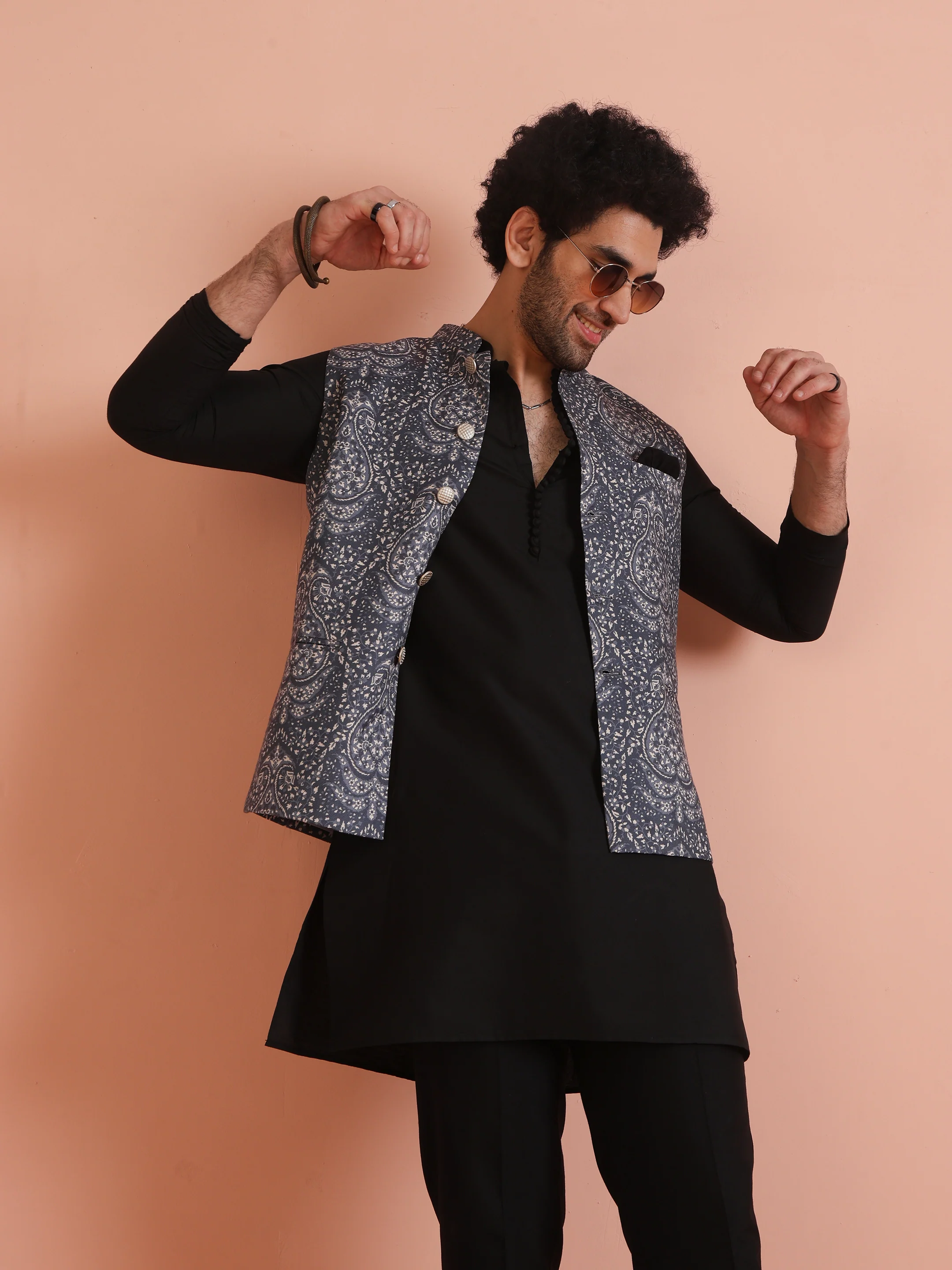 Slate Blue Printed Jacket Black Kurta Set