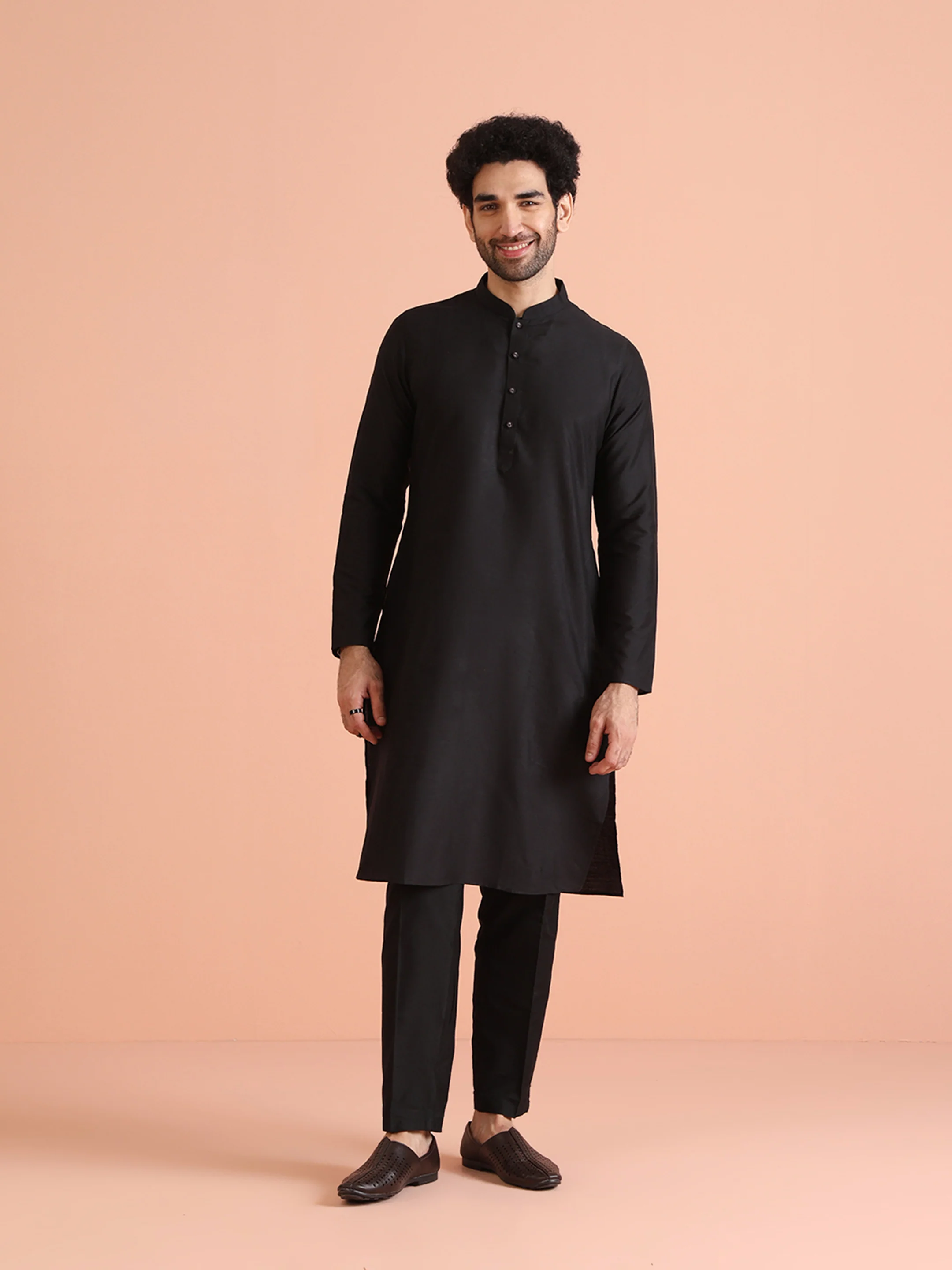Black Cotton Silk Embossed Nehru Jacket Kurta Trouser - Image 6