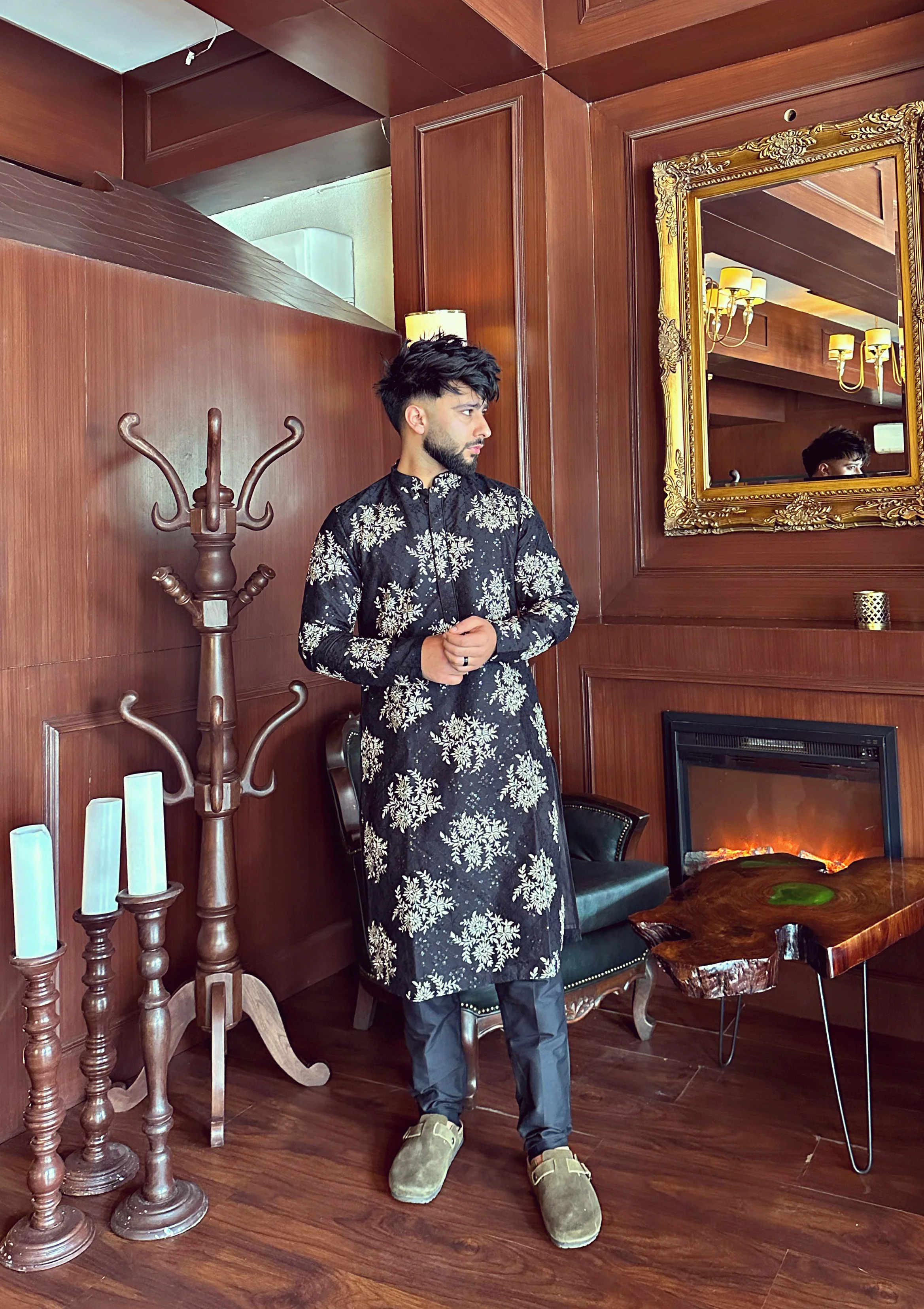 Men Black Heavy Thread Work Kurta Trouser Set