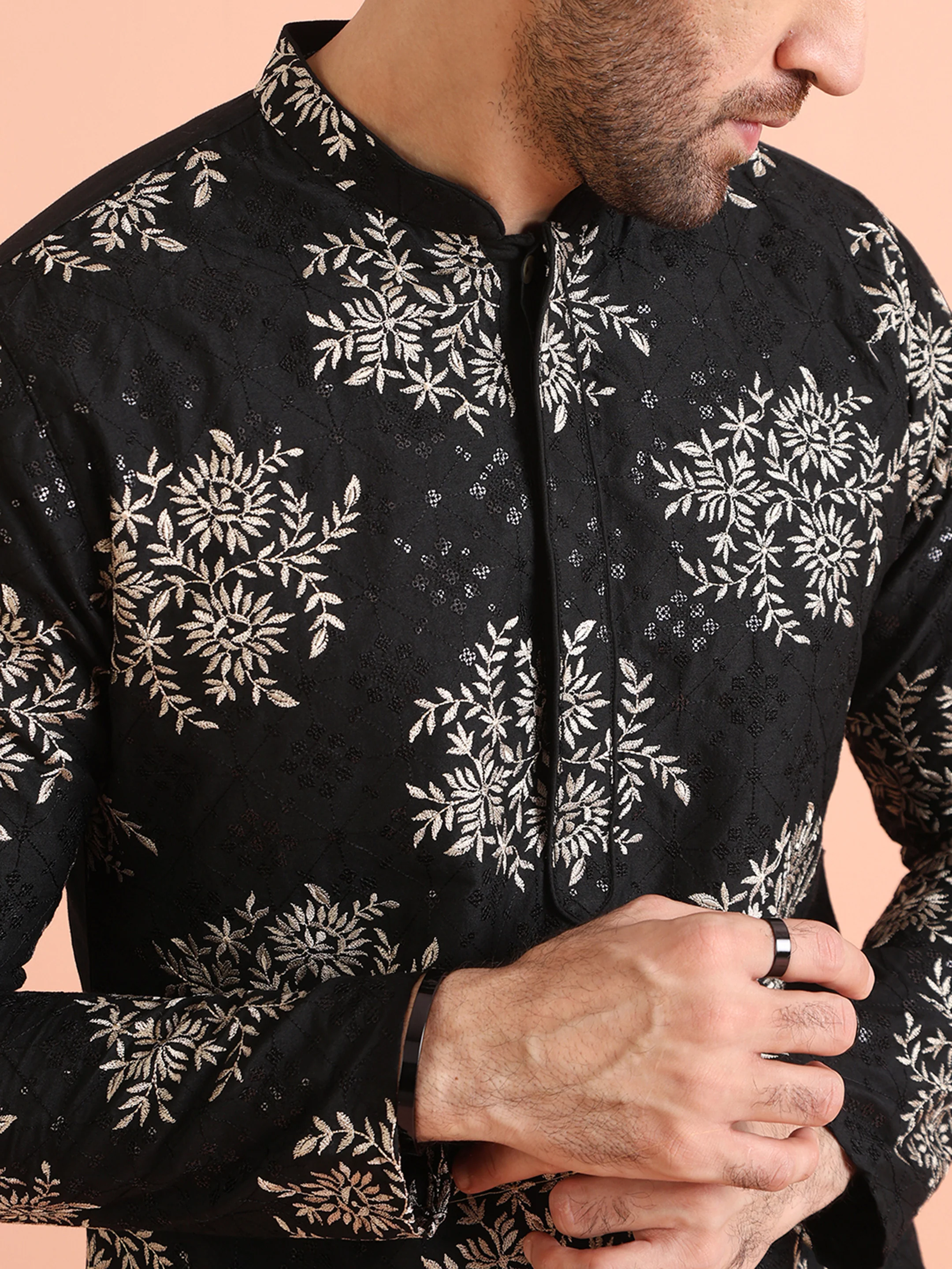 Men Black Heavy Thread Work Kurta Trouser Set - Image 6