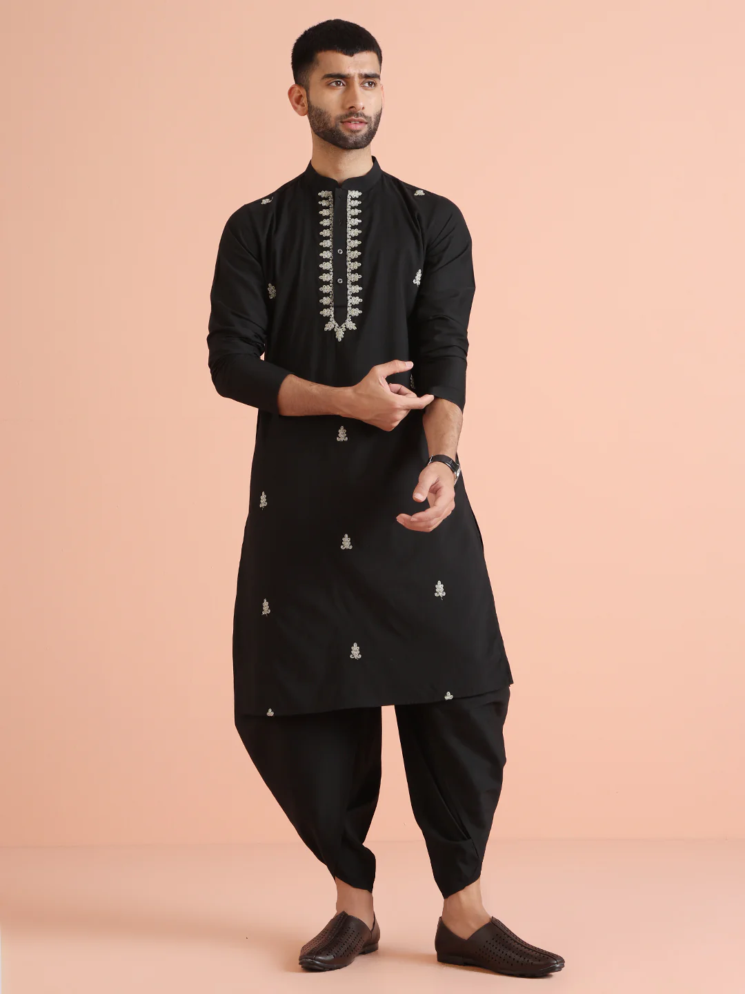 Men Black Kurta Dhoti Set