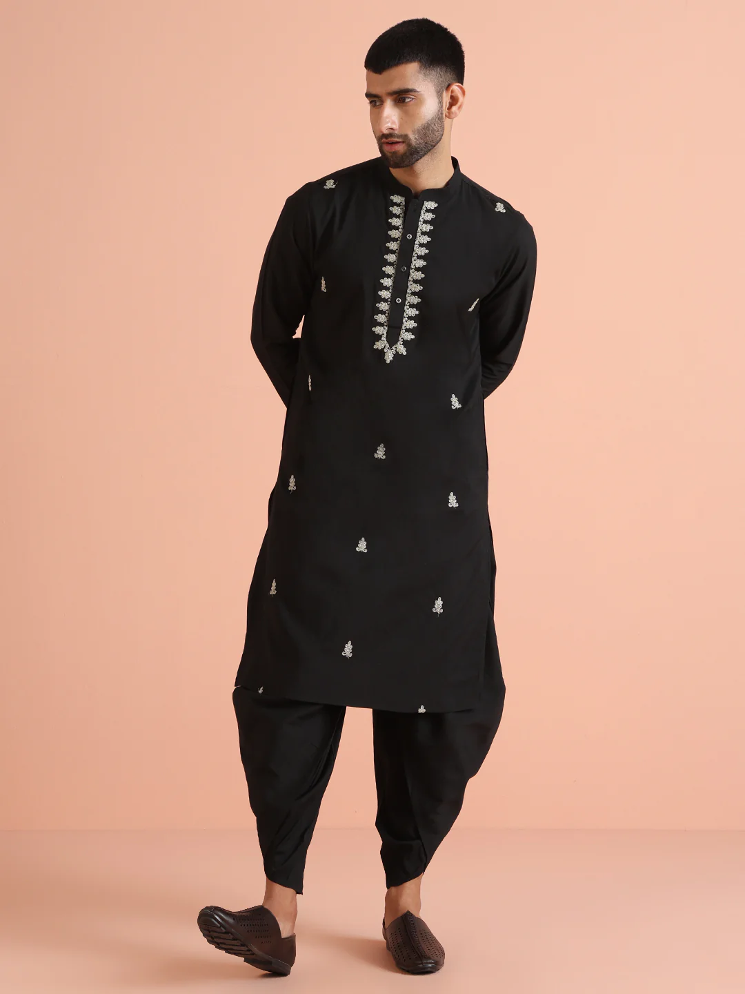 Men Black Kurta Dhoti Set - Image 7