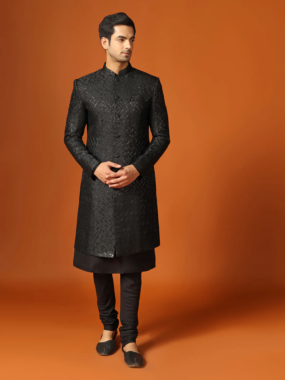 Men Shinny Black Kurta Indowestern Churidar Set