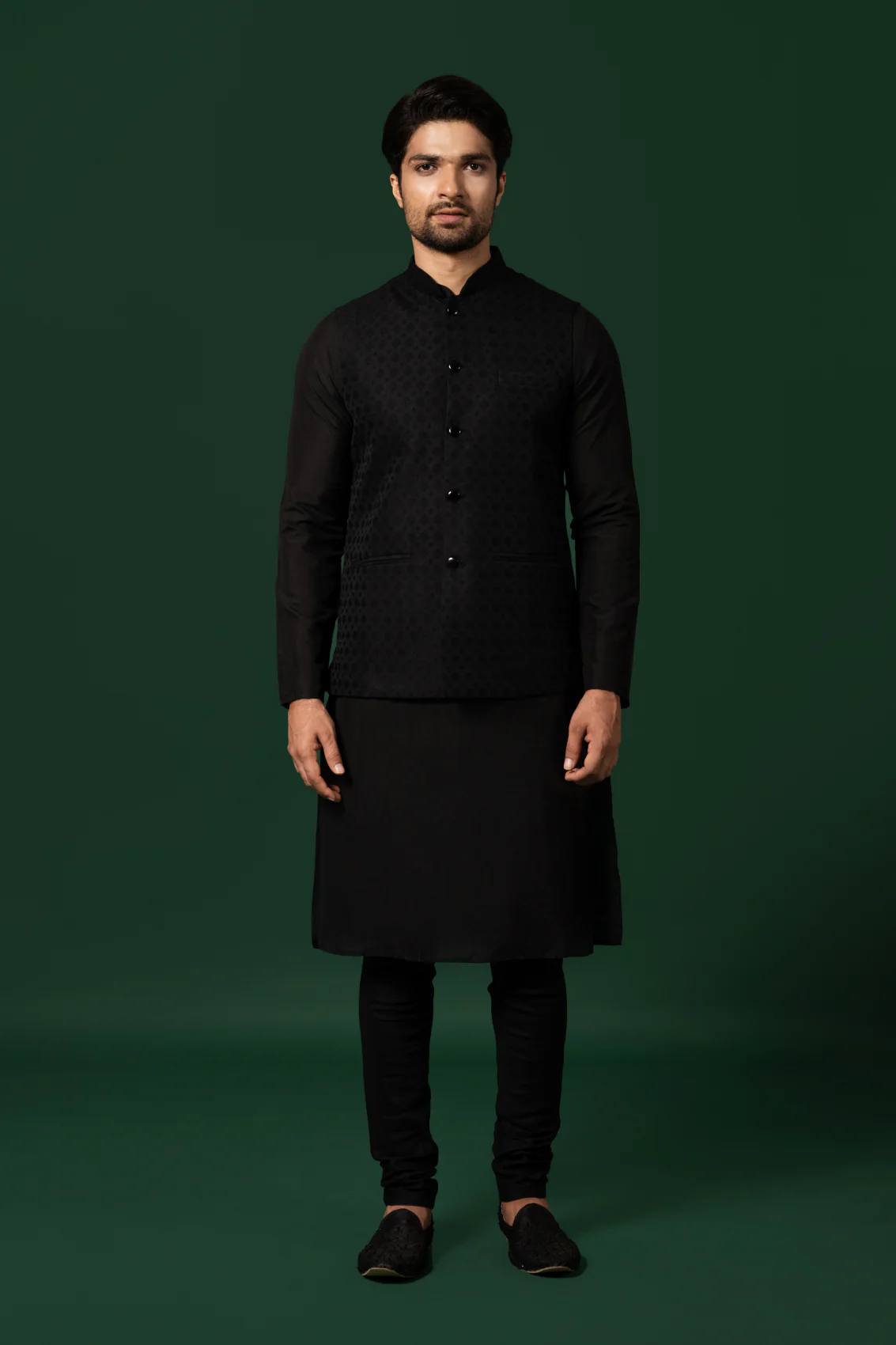 Men Black Kurta Jacket Churidar Set