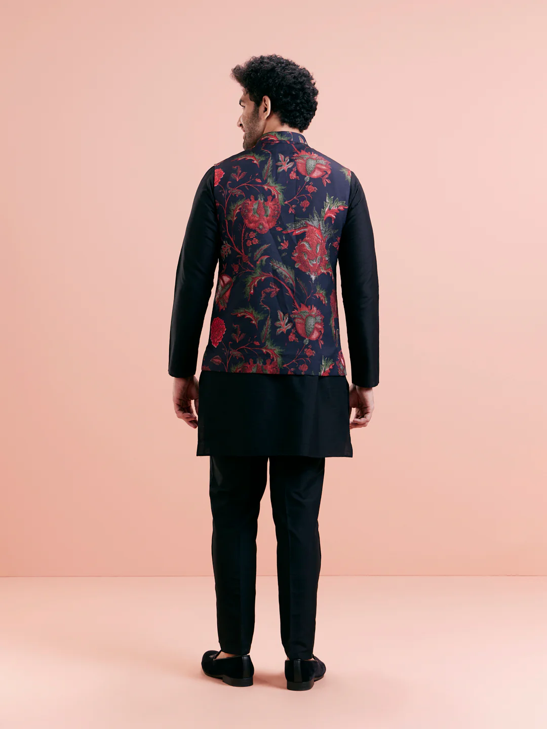 Black Floral Nehru Jacket Kurta Trouser Set - Image 4