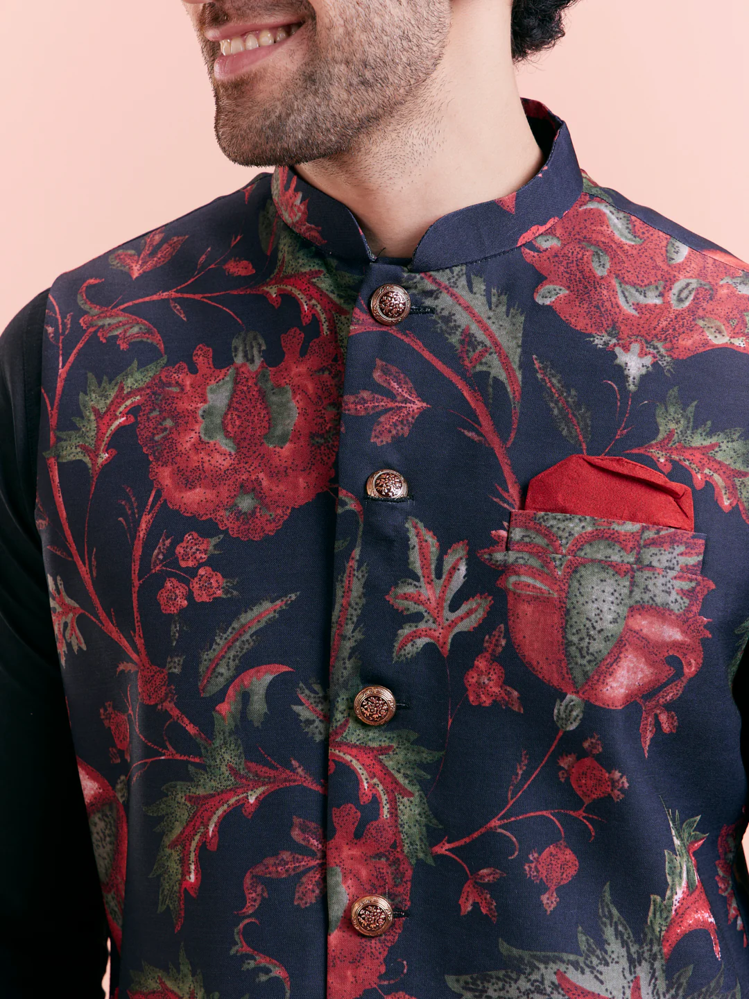 Black Floral Nehru Jacket Kurta Trouser Set - Image 5