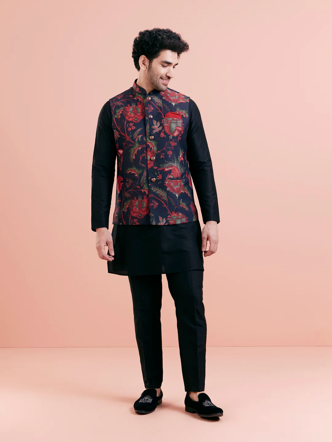 Black Floral Nehru Jacket Kurta Trouser Set - Image 8