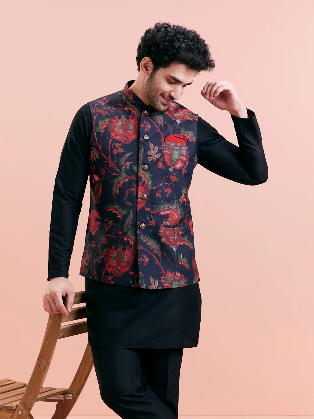 Black Floral Nehru Jacket Kurta Trouser Set - Image 9