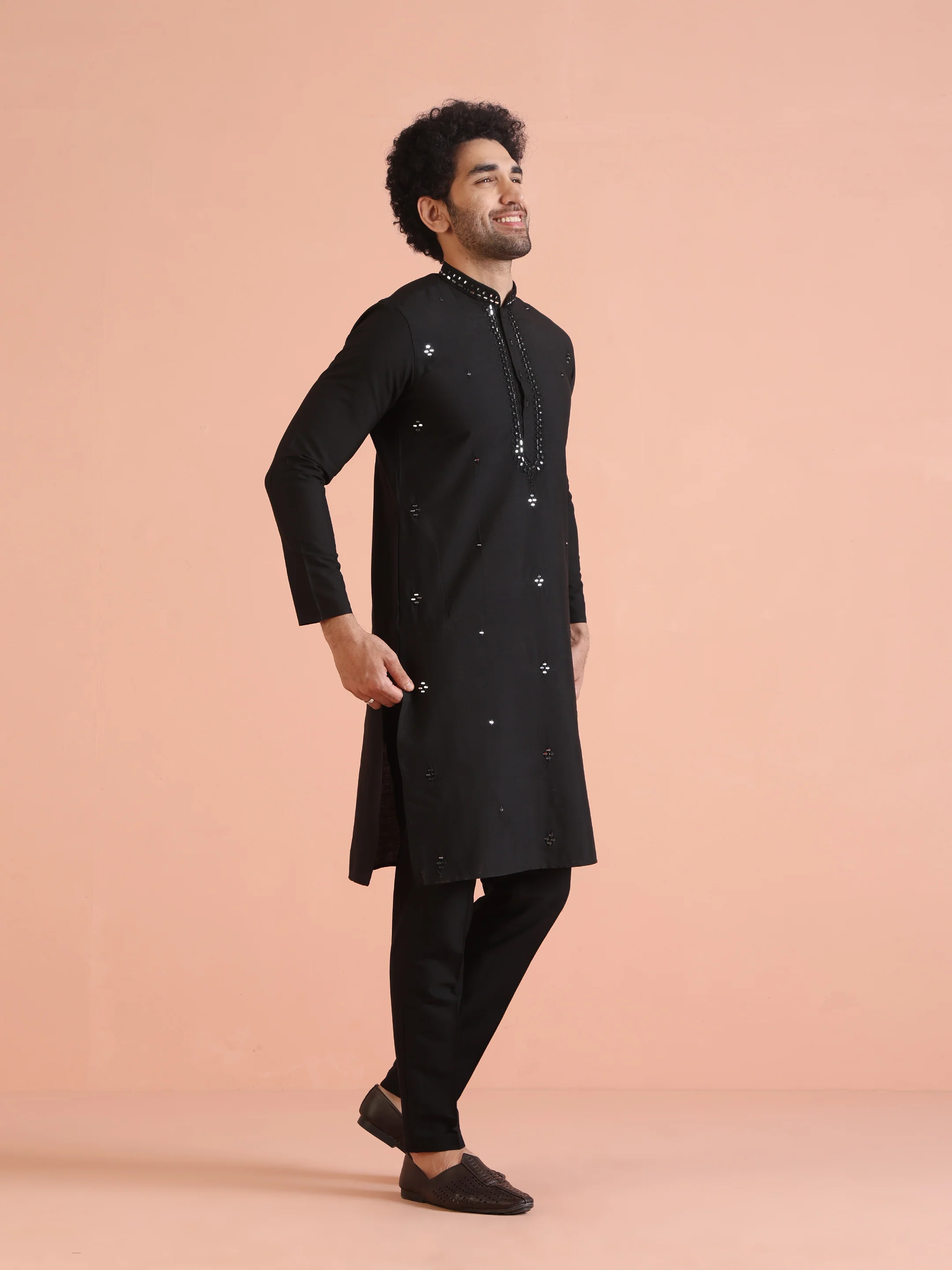 Black Cotton Blend Mirror Work Kurta - Image 4