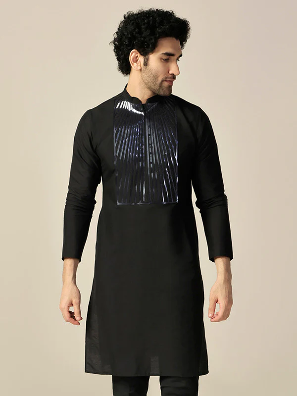 Black Silk Metallic Embellished Long Kurta