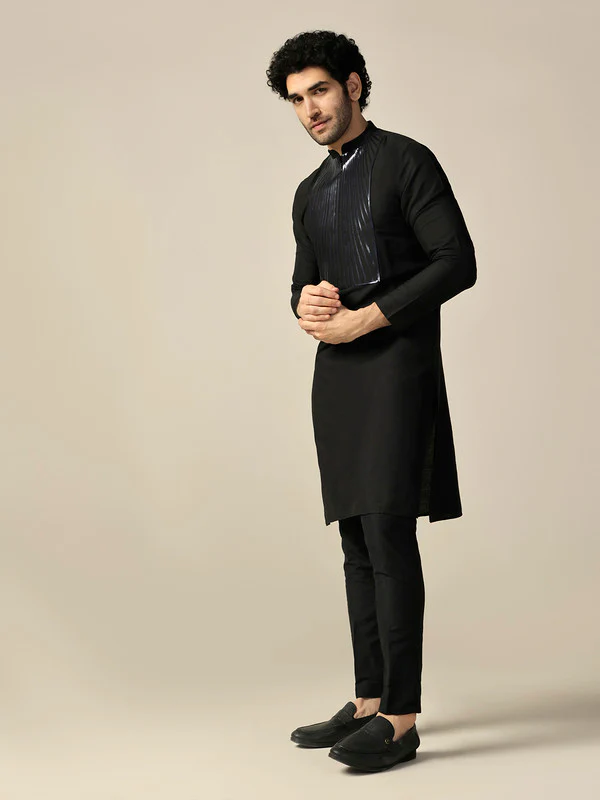 Black Silk Metallic Embellished Long Kurta - Image 2